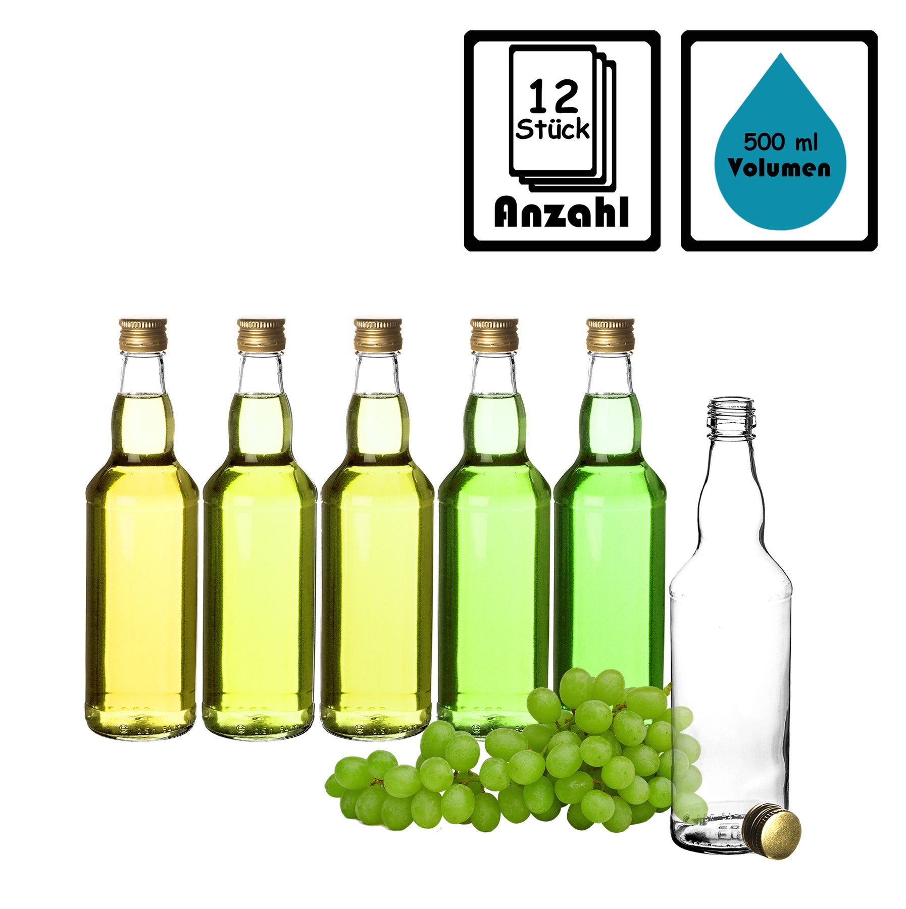 BigDean Küche & Vorrat 12x Glasflasche 500ml Gold Schraubverschluss