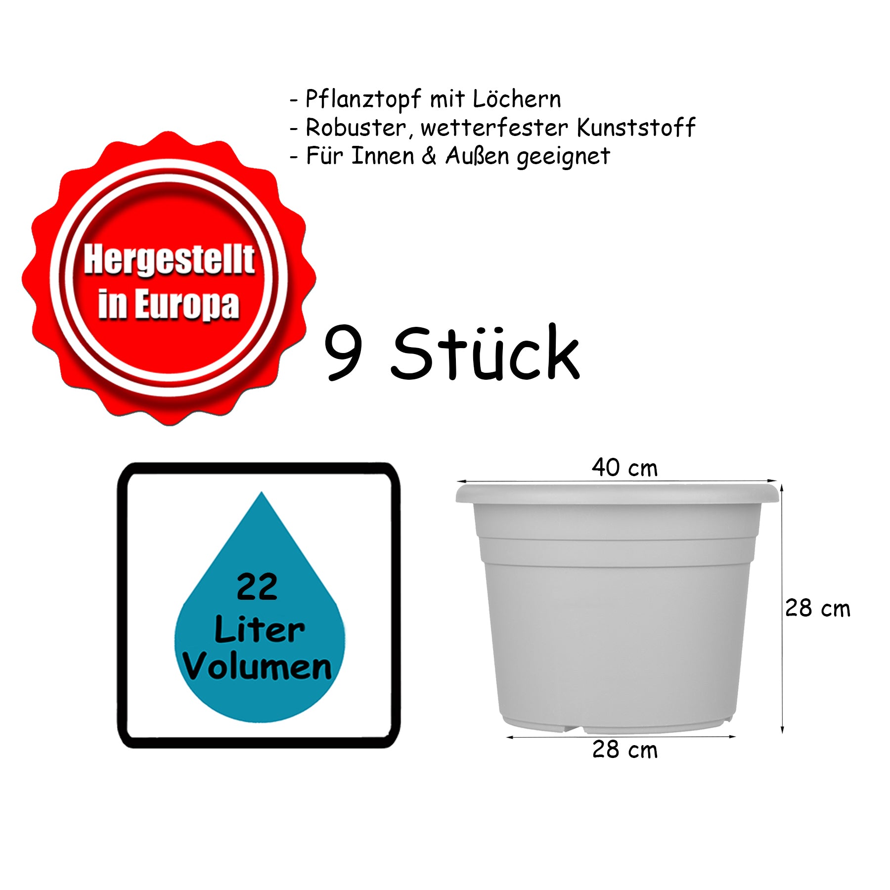 BigDean Garten Blumentopf 40 cm Anthrazit 9er Kunststoff