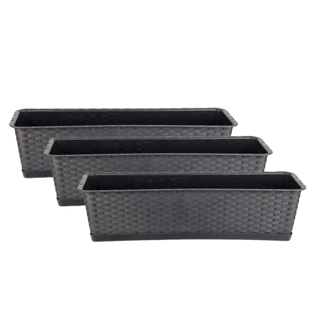BigDean Blumenkasten 60 cm Rattan-Optik anthrazit 3er Set