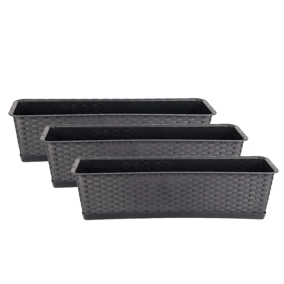 BigDean Blumenkasten 60 cm Rattan-Optik anthrazit 3er Set