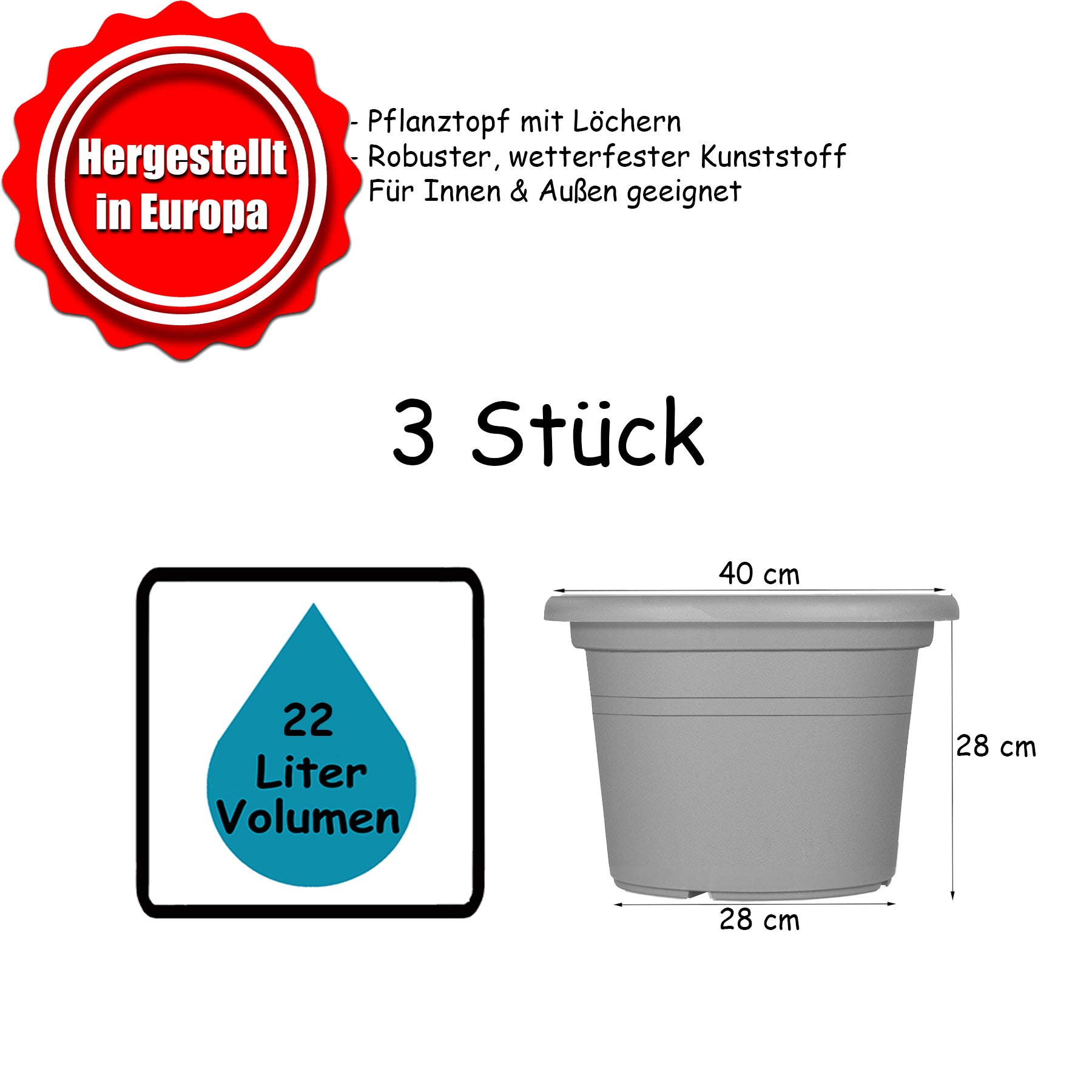 BigDean Garten Blumentopf Ø40cm Terrakotta 3er Set wetterfest