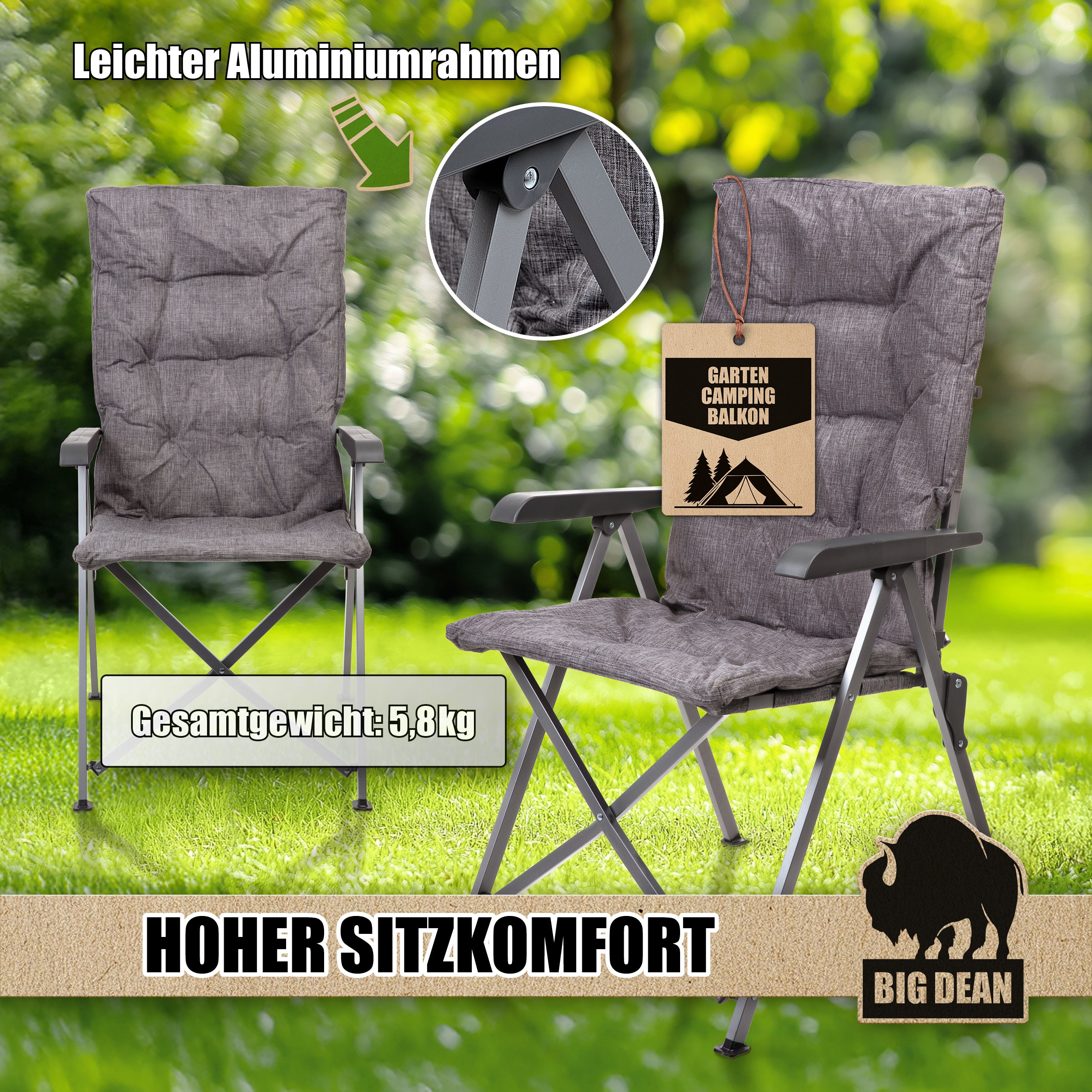 BigDean Garten Campingstuhl faltbar verstellbar Klappstuhl 150 kg