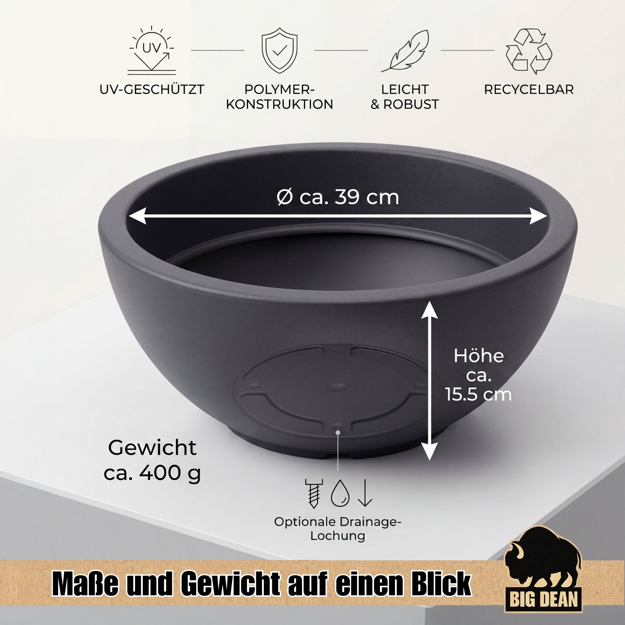 BigDean Pflanzschale rund 39 cm anthrazit 2 Stück