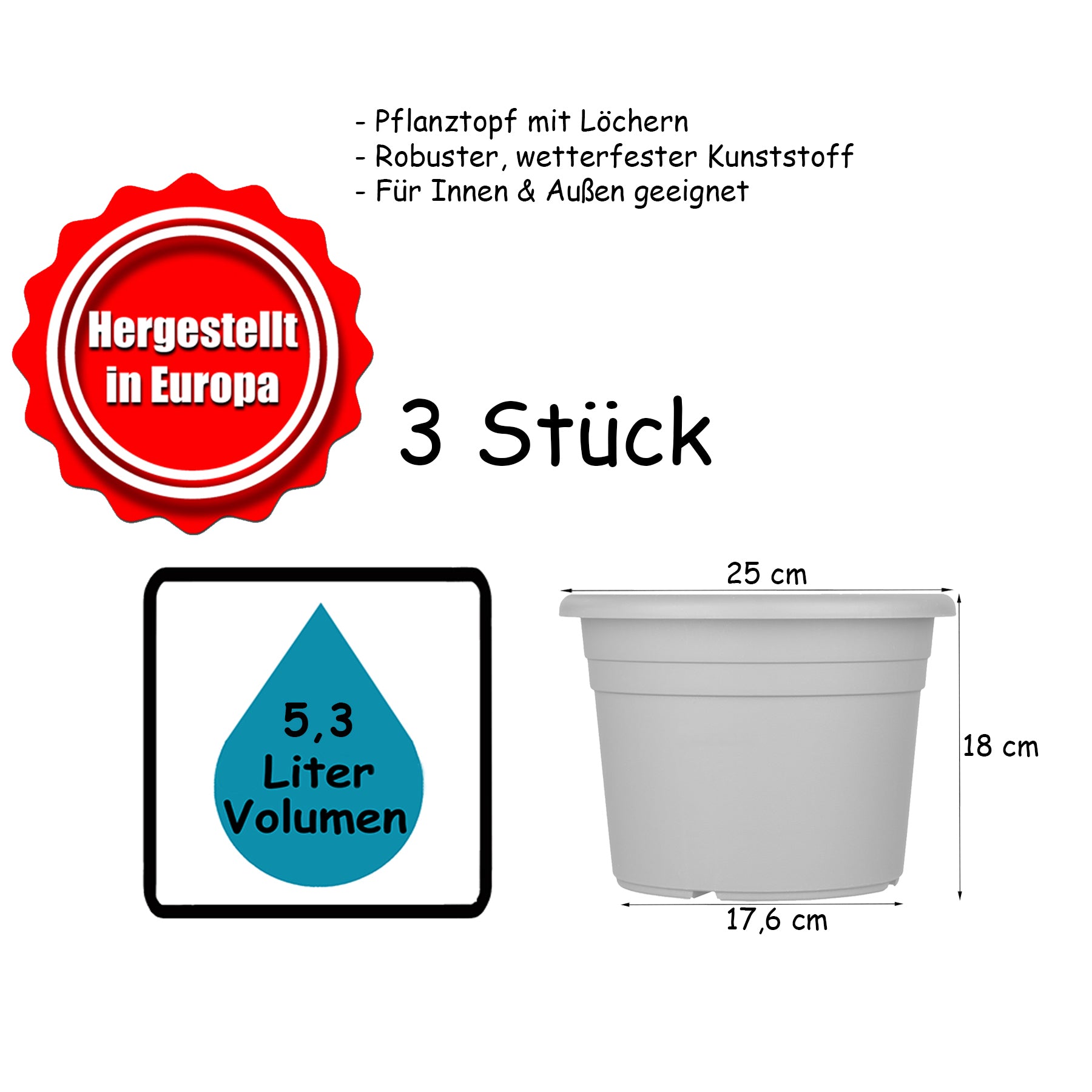 BigDean Blumentopf Ø 25 cm Anthrazit Pflanztopf 3er Set wetterfest