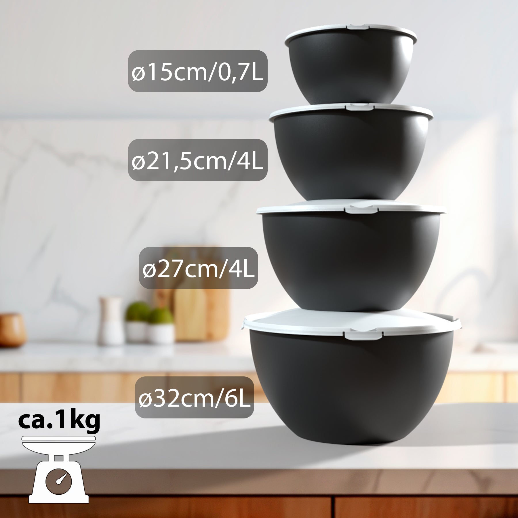 BigDean Küche Salatschüssel Set 4tlg 0,7-6L Anthrazit Deckel