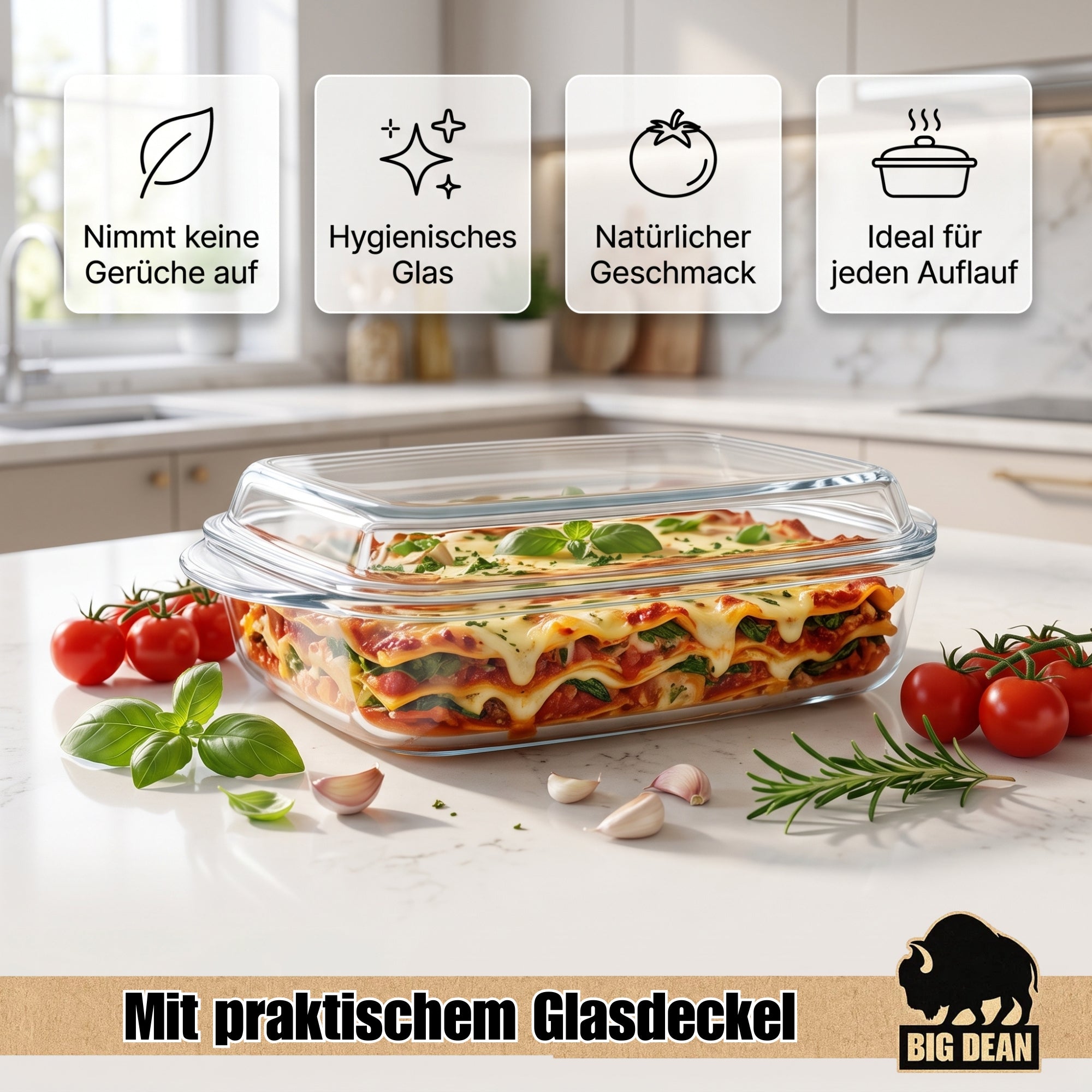 BigDean Küche Auflaufform mit Deckel 3,95 L Glas rechteckig Griffe
