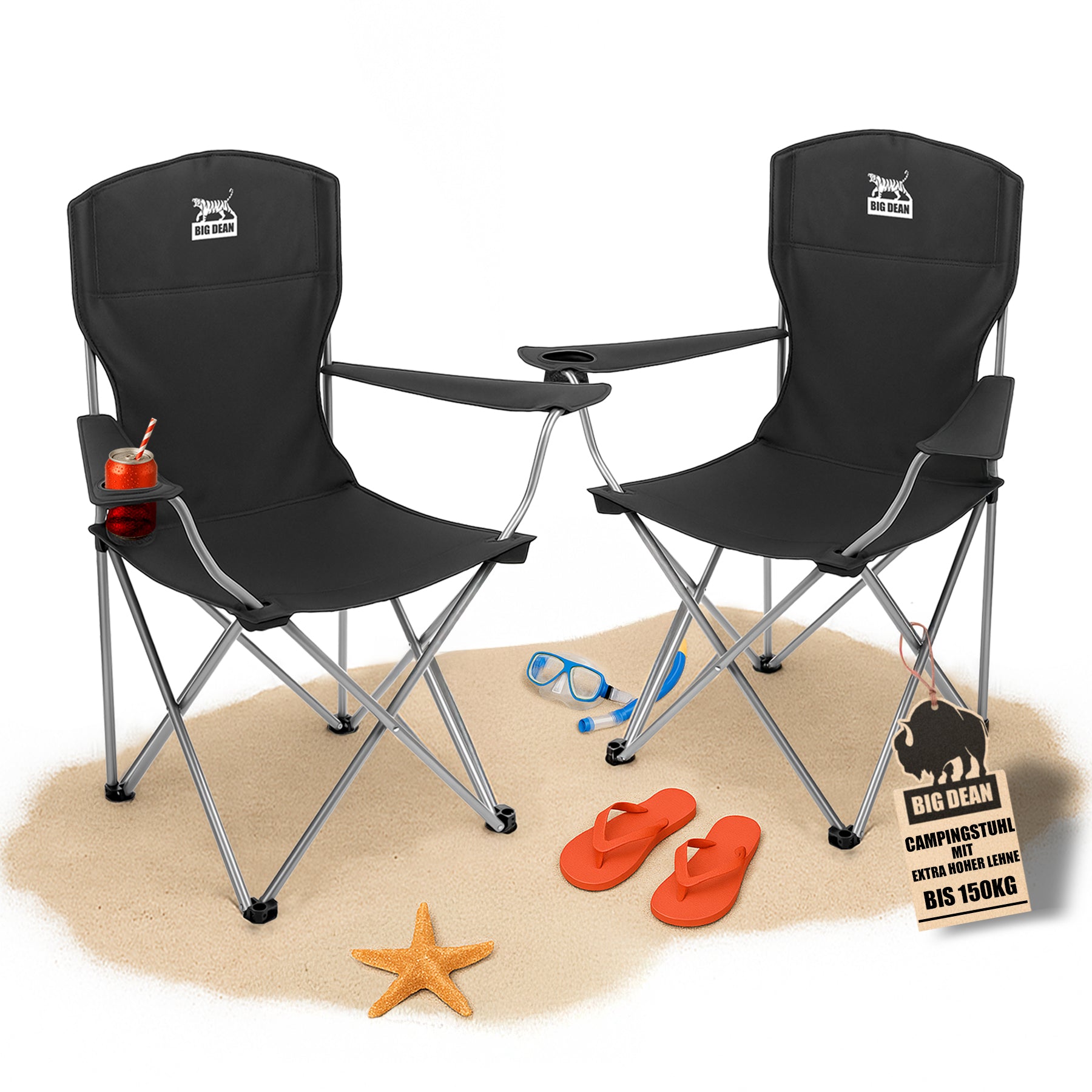 BigDean Campingstuhl hohe Lehne 2er Set 150kg faltbar