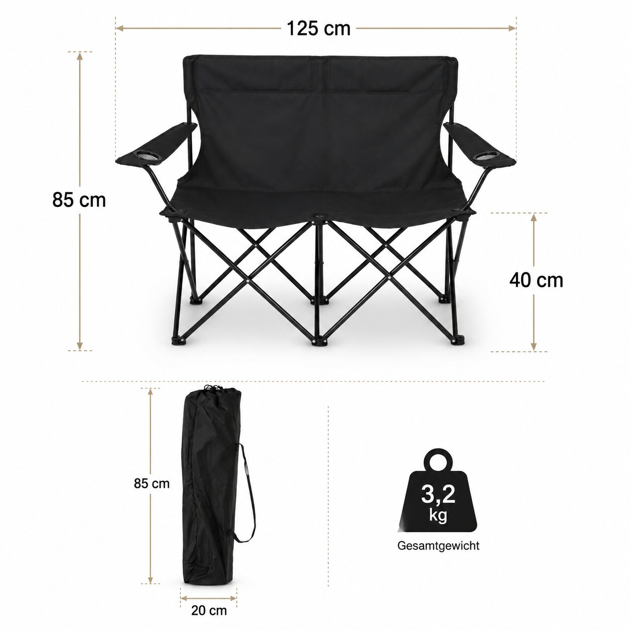 BigDean Garten Camping Sofa 2 Personen Schwarz faltbar