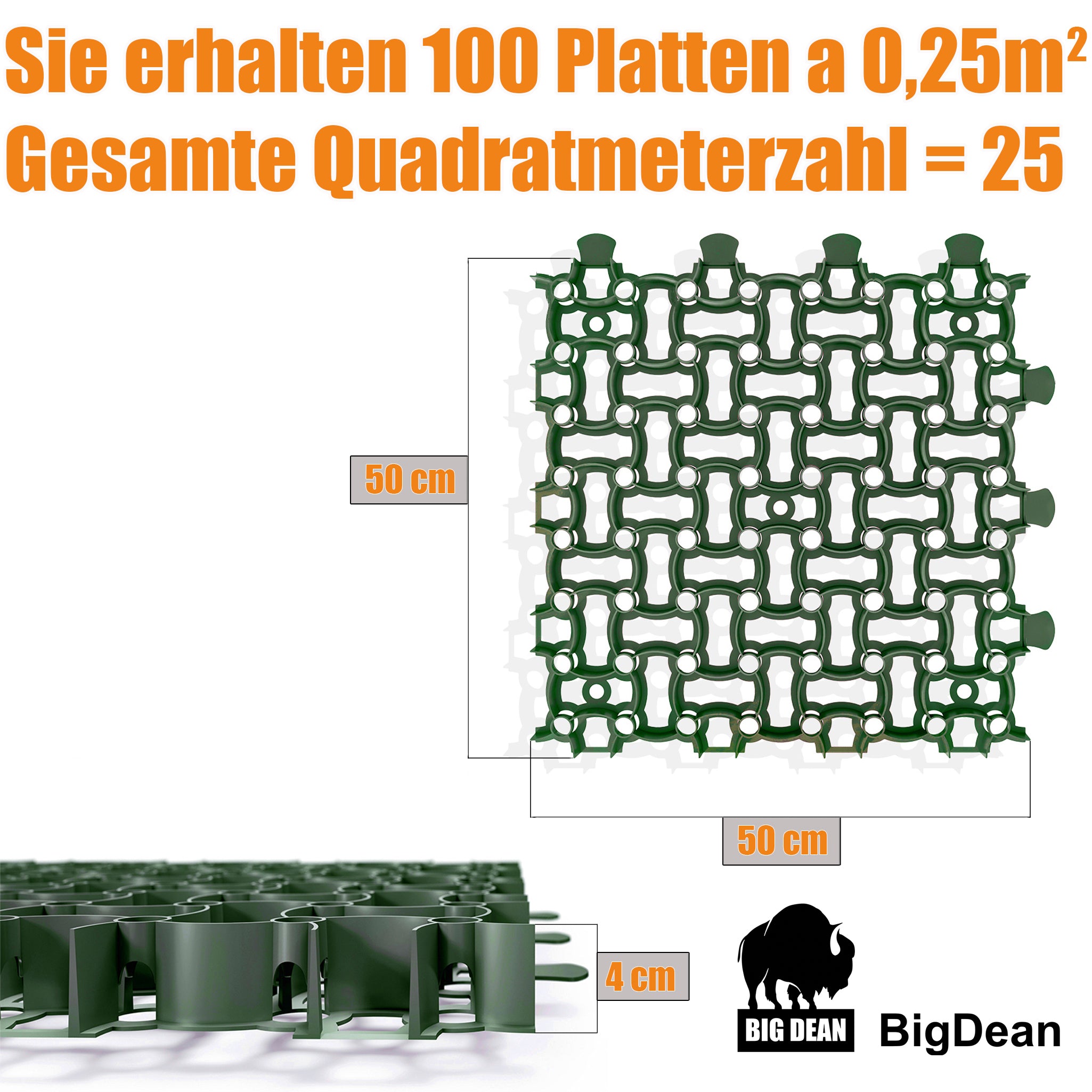 BigDean Rasengitter Kunststoff 50x50x4 Grün 100er 25m²
