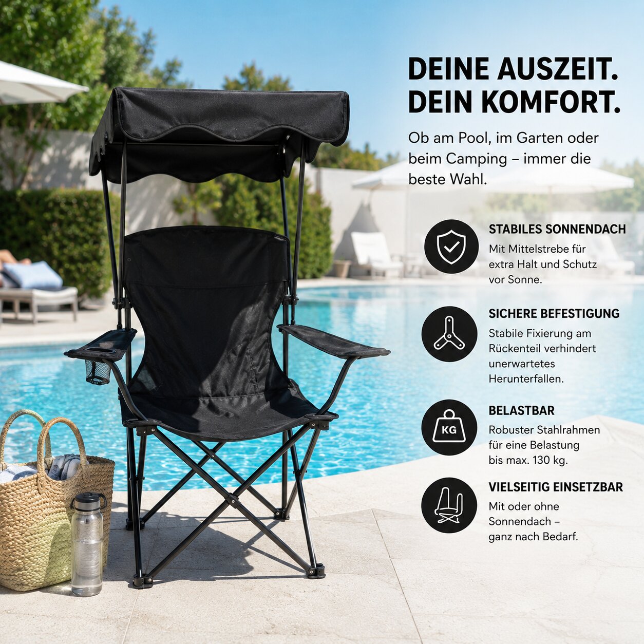 BigDean Garten Campingstuhl Sonnenschutz Schwarz mit Dach 2-in-1