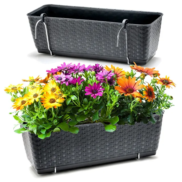 BigDean Blumenkasten Rattan-Optik 49 cm 2er Set Anthrazit