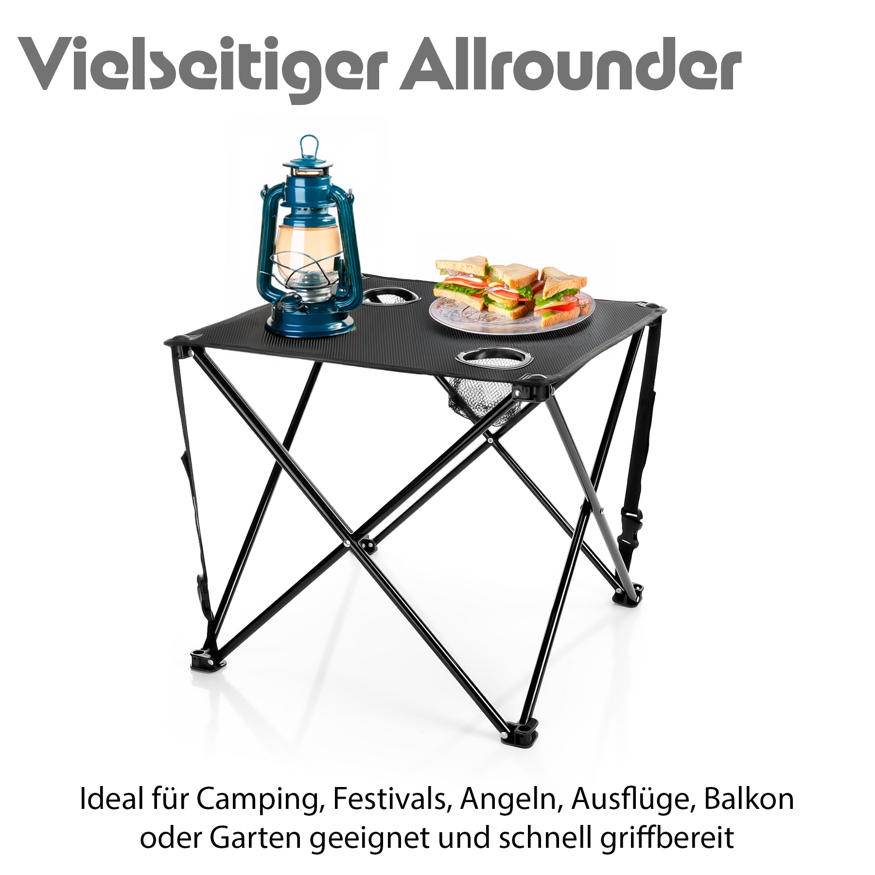 BigDean Garten Campingtisch faltbar schwarz 30kg Getränkehalter