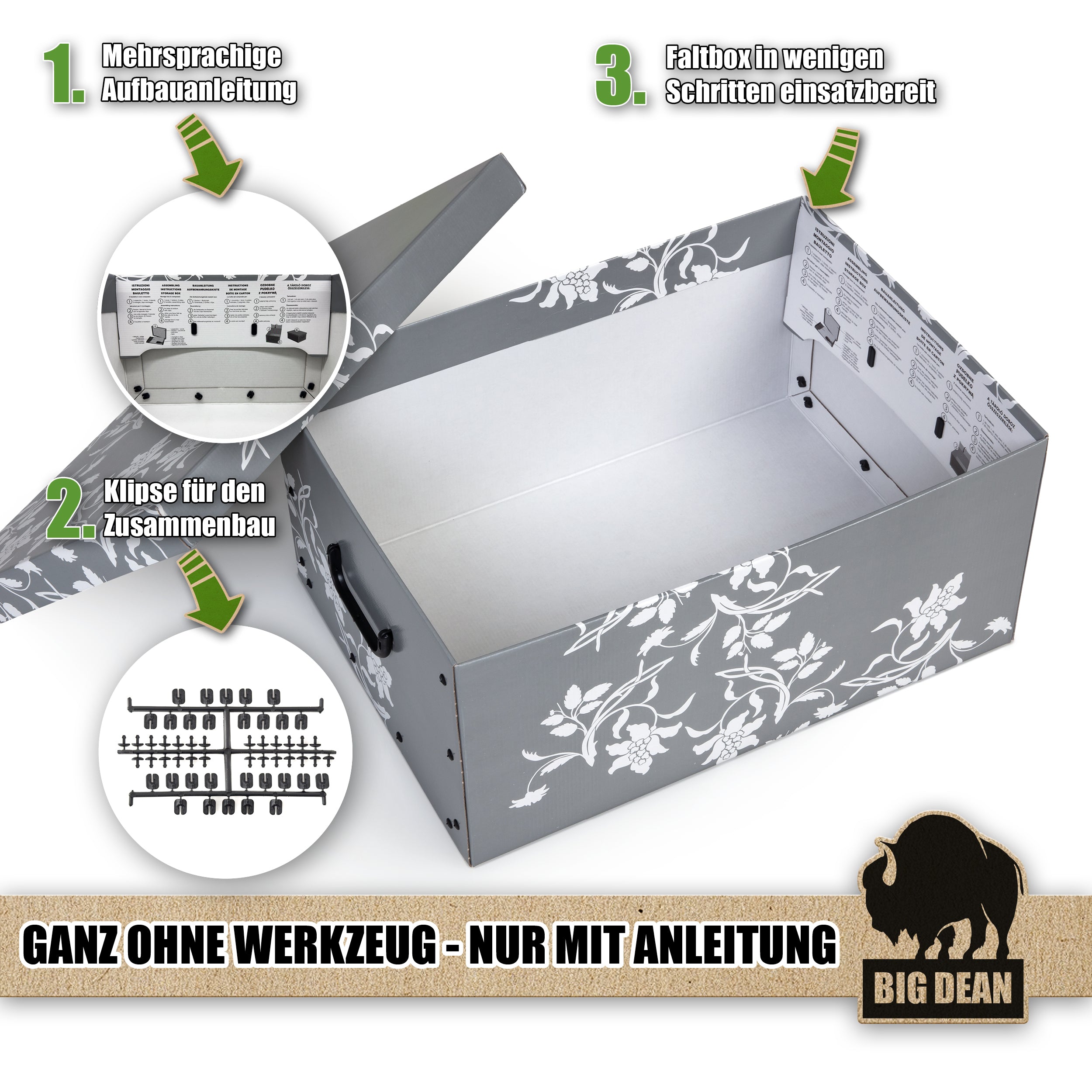 BigDean Aufbewahrungsbox Pappe 45 L Deckel 3er Set 49x39x24