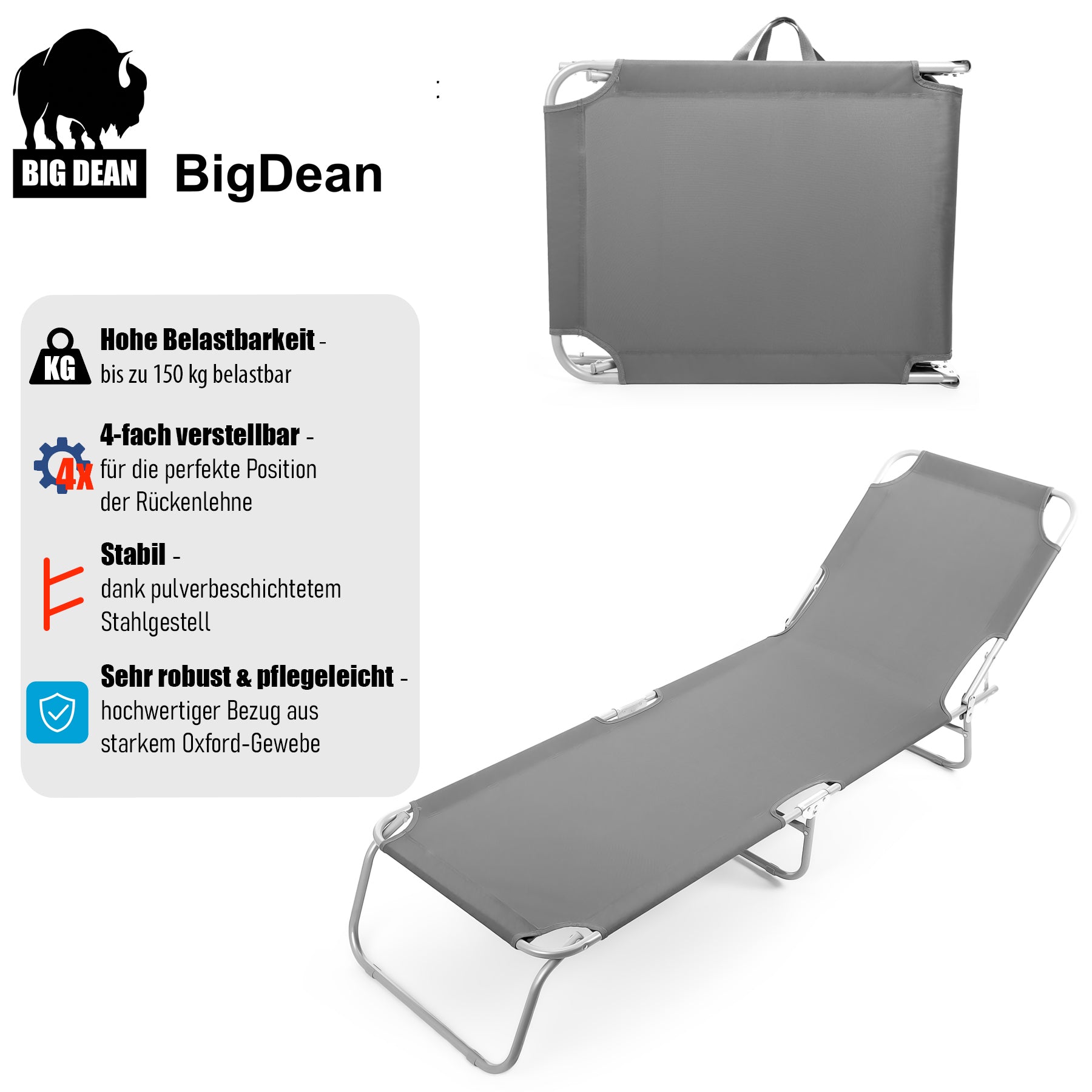 BigDean Sonnenliege Klappbar Dunkelgrau 150kg Oxford