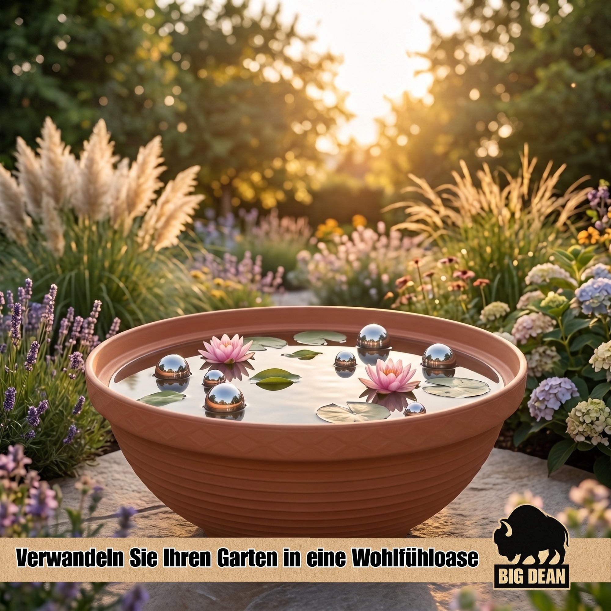 BigDean XXL Pflanzschale 65 cm Terrakotta mit Edelstahlkugeln