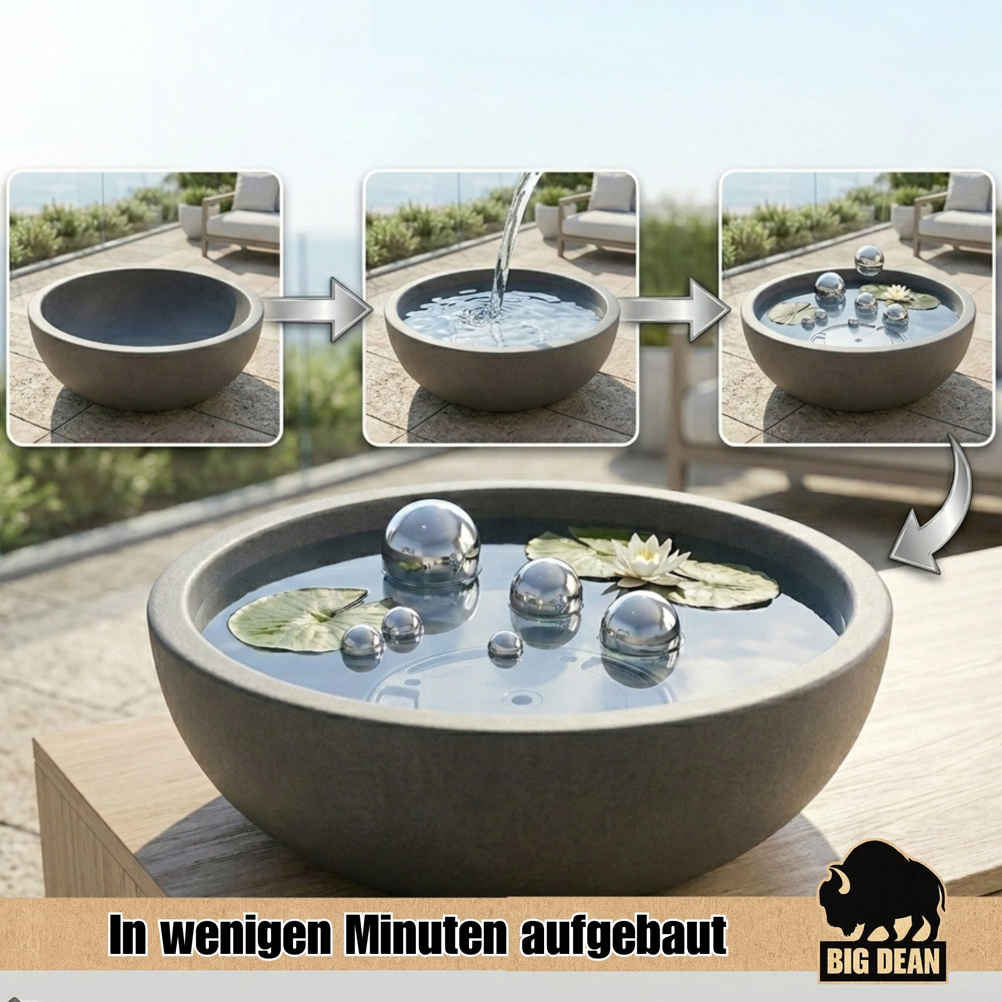 BigDean Miniteich Brunnen Set Schale mit Edelstahlkugeln XL