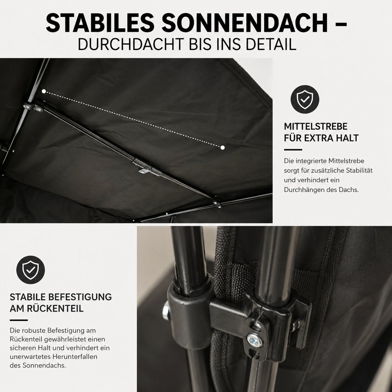 BigDean Garten Campingstuhl Sonnenschutz Schwarz mit Dach 2-in-1