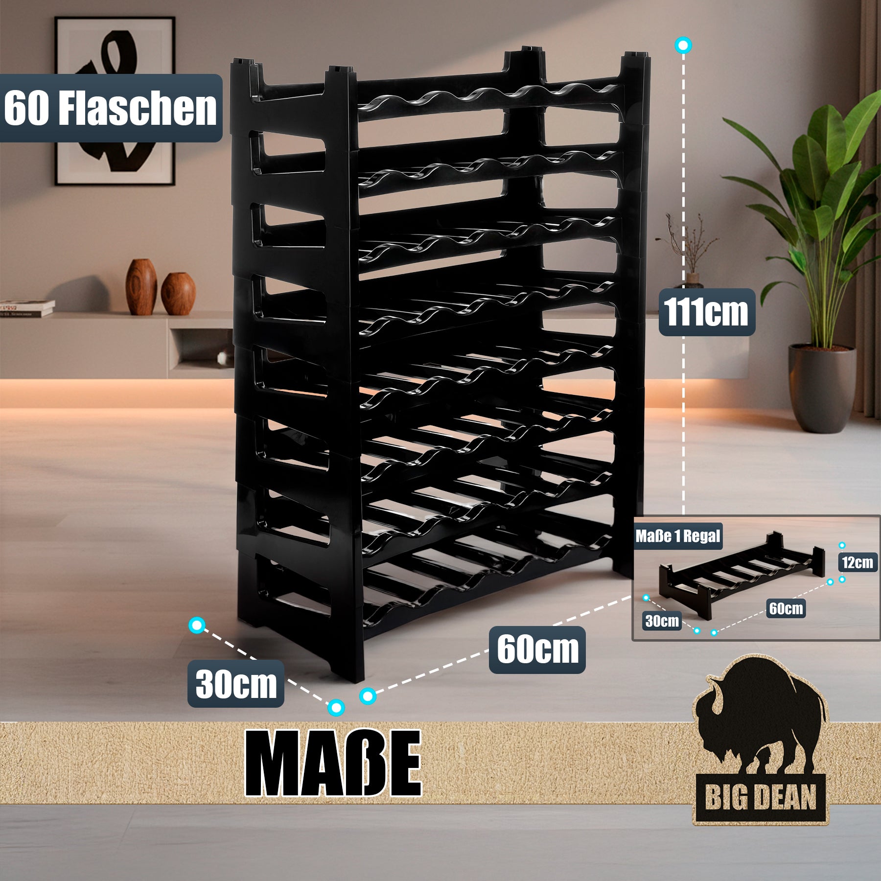 BigDean Küche & Vorrat Flaschenregal stapelbar 60 Flaschen schwarz