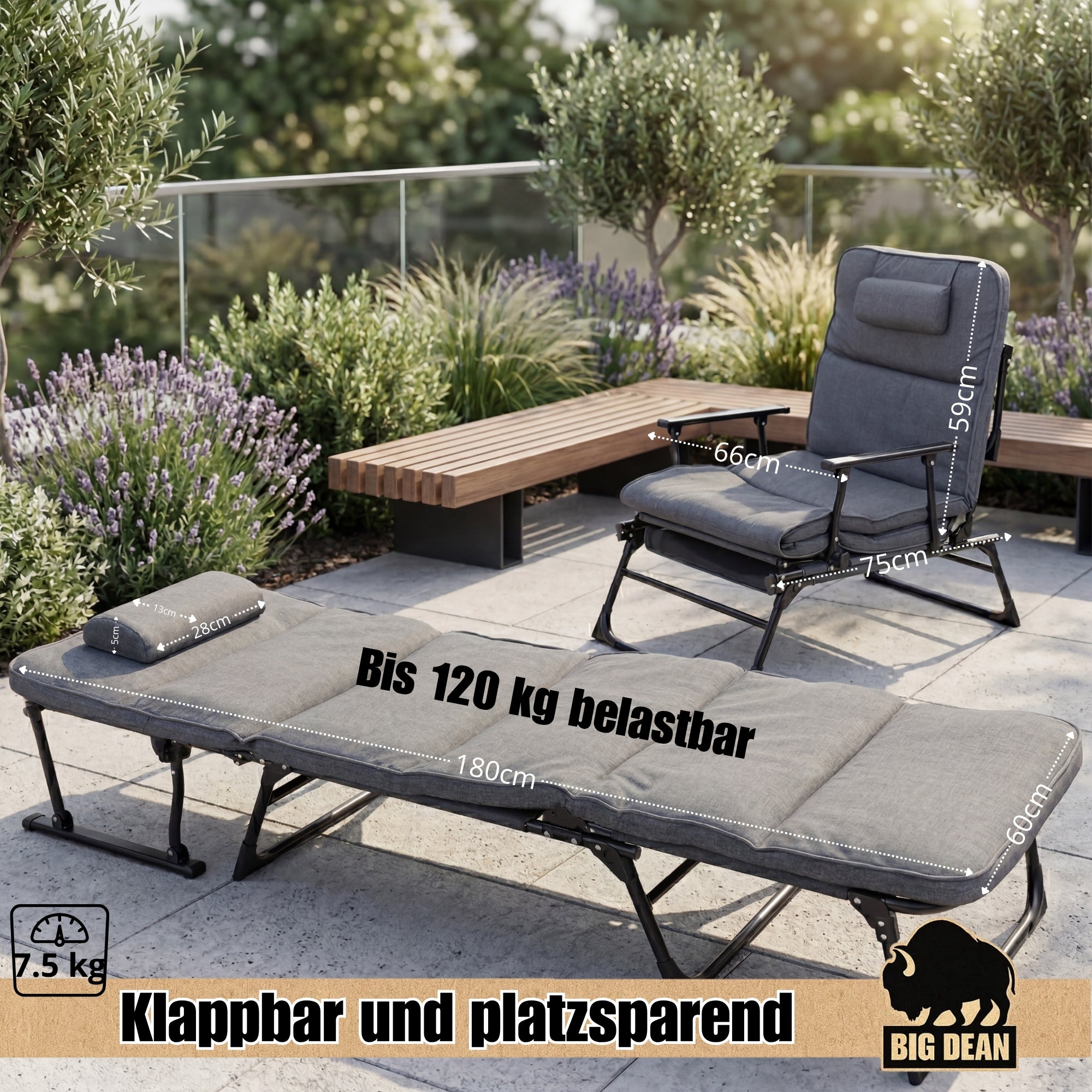 BigDean Garten & Außenbereich Klappstuhl Liege 2in1 gepolstert 120kg
