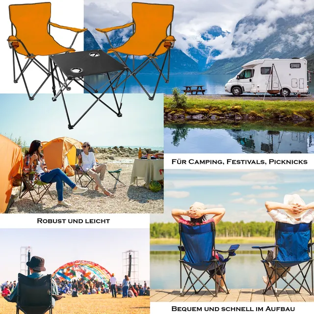 BigDean Garten 2 Campingstuhl mit Campingtisch Faltstuhl Neon Orange
