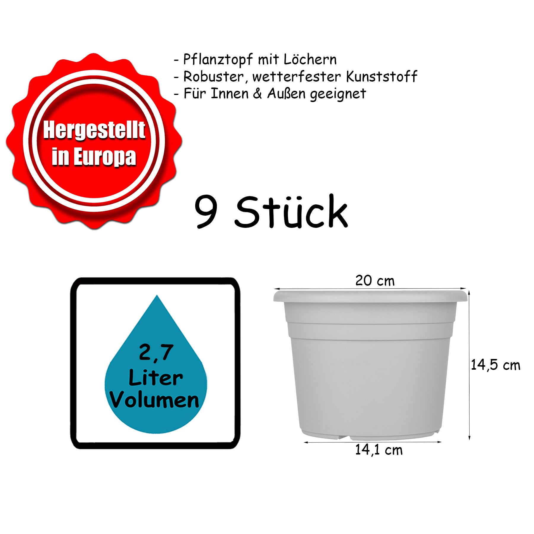 BigDean Garten 9x Blumentopf 20 cm Terrakotta Kunststoff wetterfest