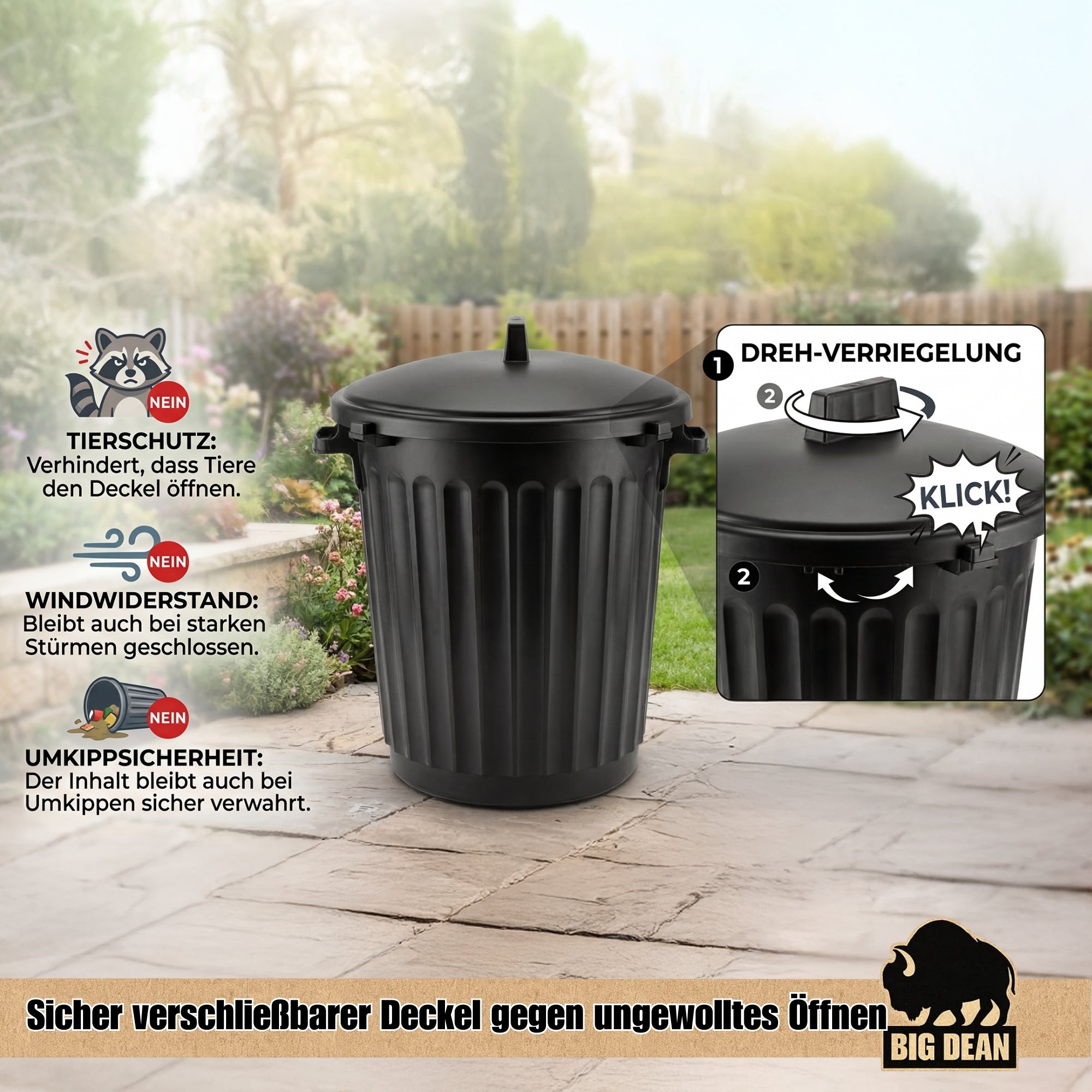 BigDean Haushalt & Alltag Mülltonne 80 Liter mit Deckel