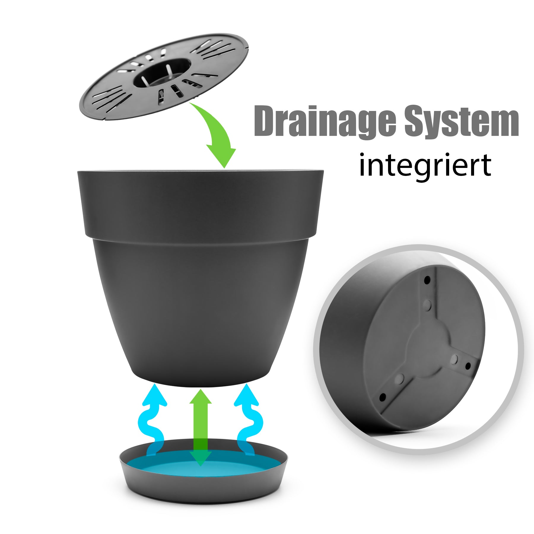 BigDean Blumentopf ø30 cm Anthrazit 3er Set mit Untersetzer
