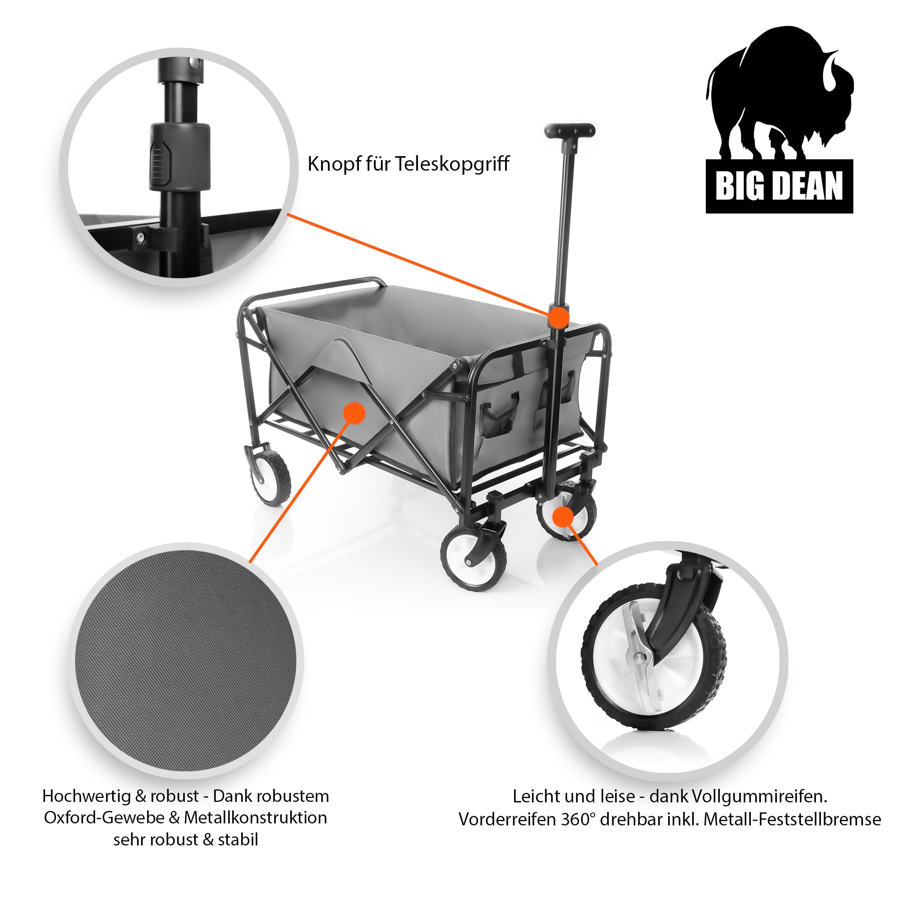 BigDean Garten Bollerwagen faltbar grau 80kg kompakt