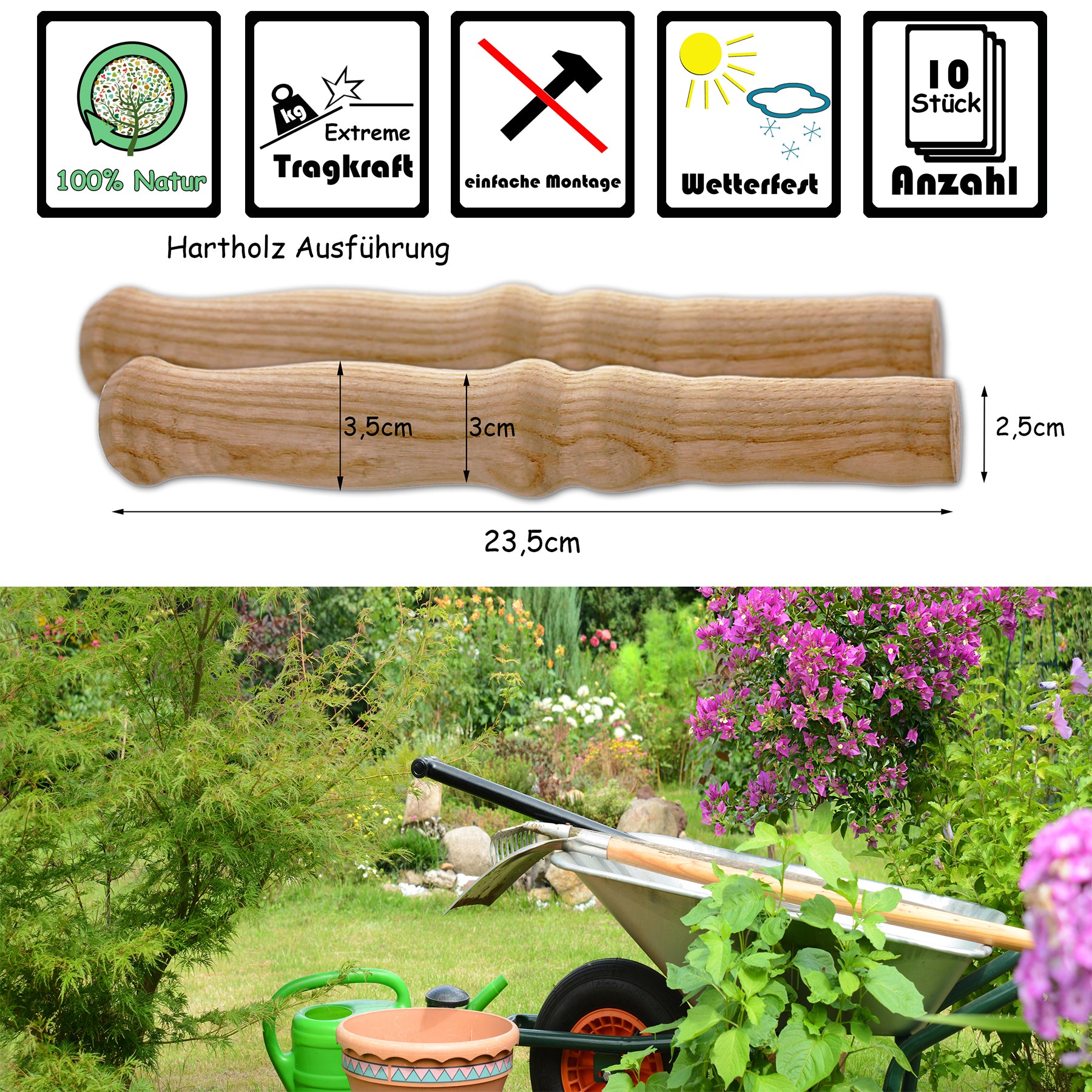 BigDean Garten Schubkarren Holzgriffe 10er Pack 23,5 cm Universal