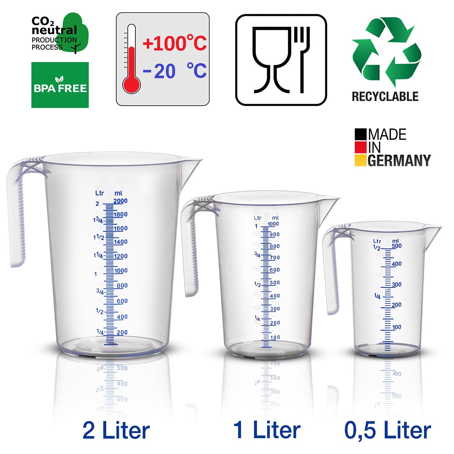 BigDean Messbecher-Set 3-tlg 0,5L 1L 2L Transparent Blau