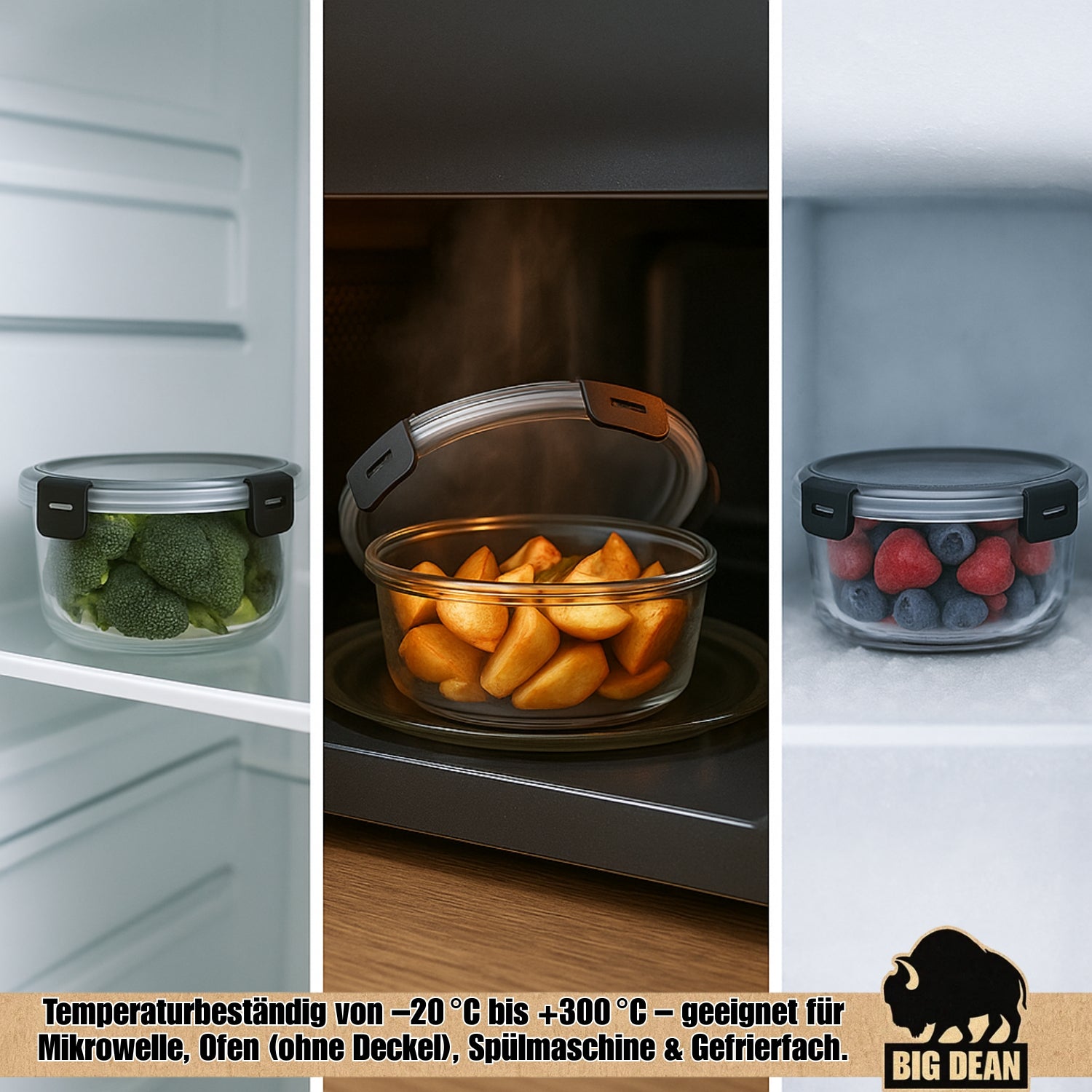 BigDean Küche & Vorrat Glasbehälter mit Deckel 3er Set 400-850 ml