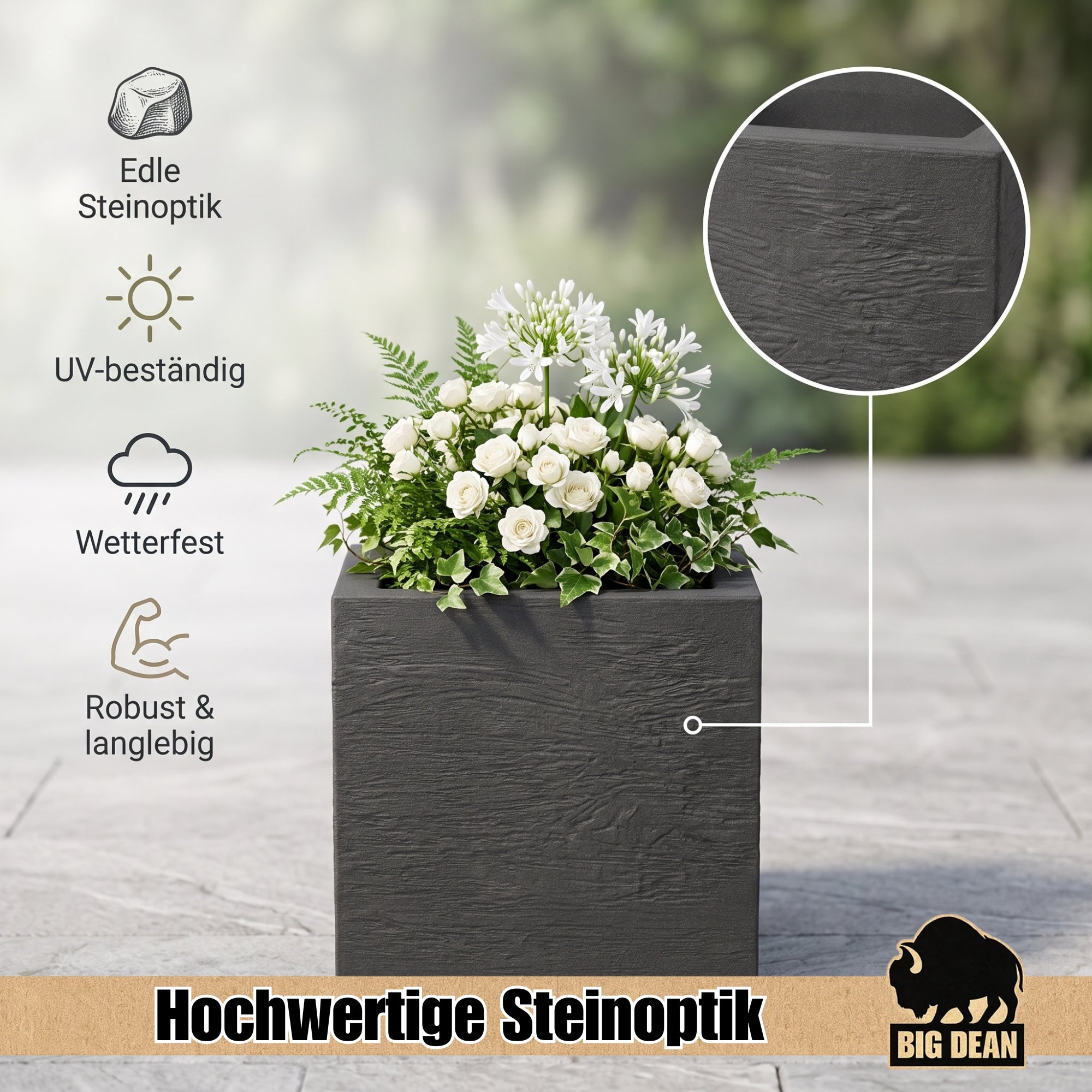 BigDean Garten Blumentopf 39x39cm Anthrazit 2er Set Steinoptik
