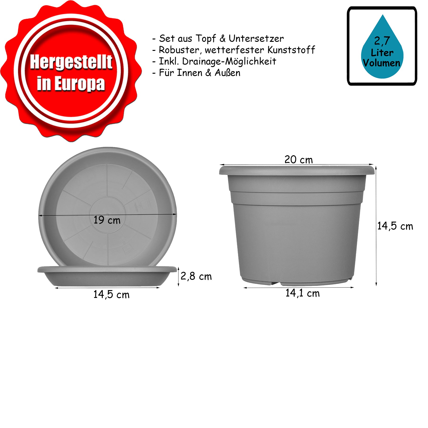 BigDean Blumentopf 20 cm anthrazit 3er Set Untersetzer