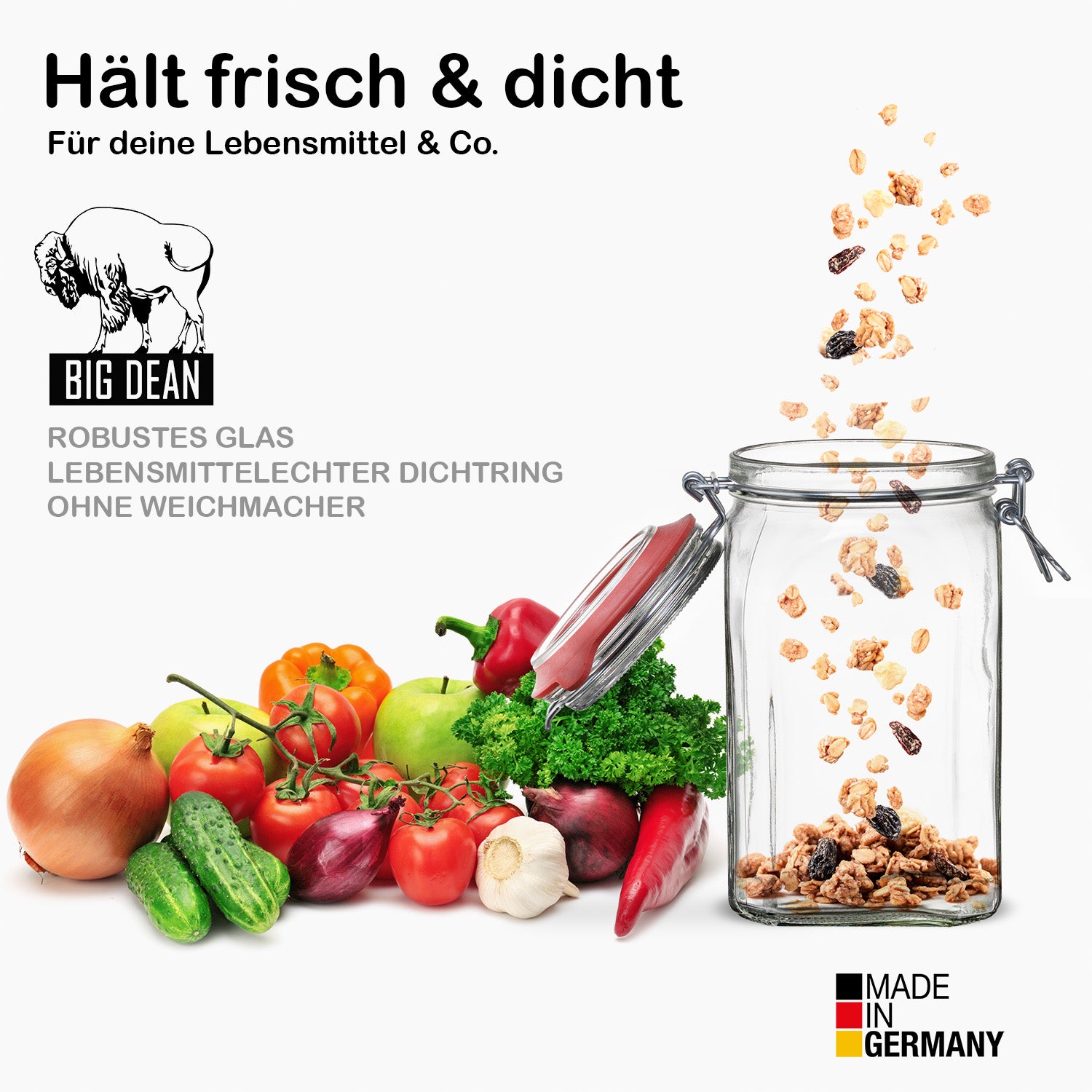 BigDean Küche & Vorrat 12er Set Vorratsglas 1,1L eckig Bügel