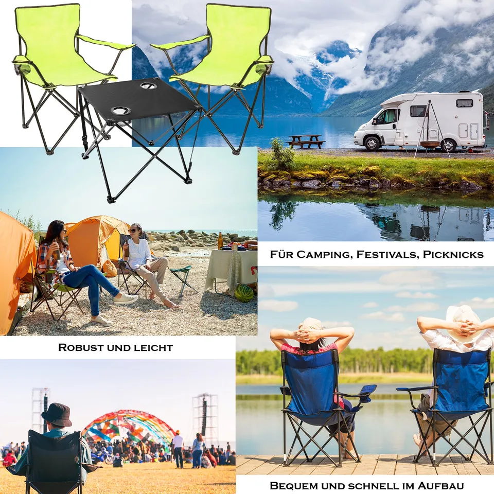 BigDean Campingstuhl mit Campingtisch faltbar grün 2er