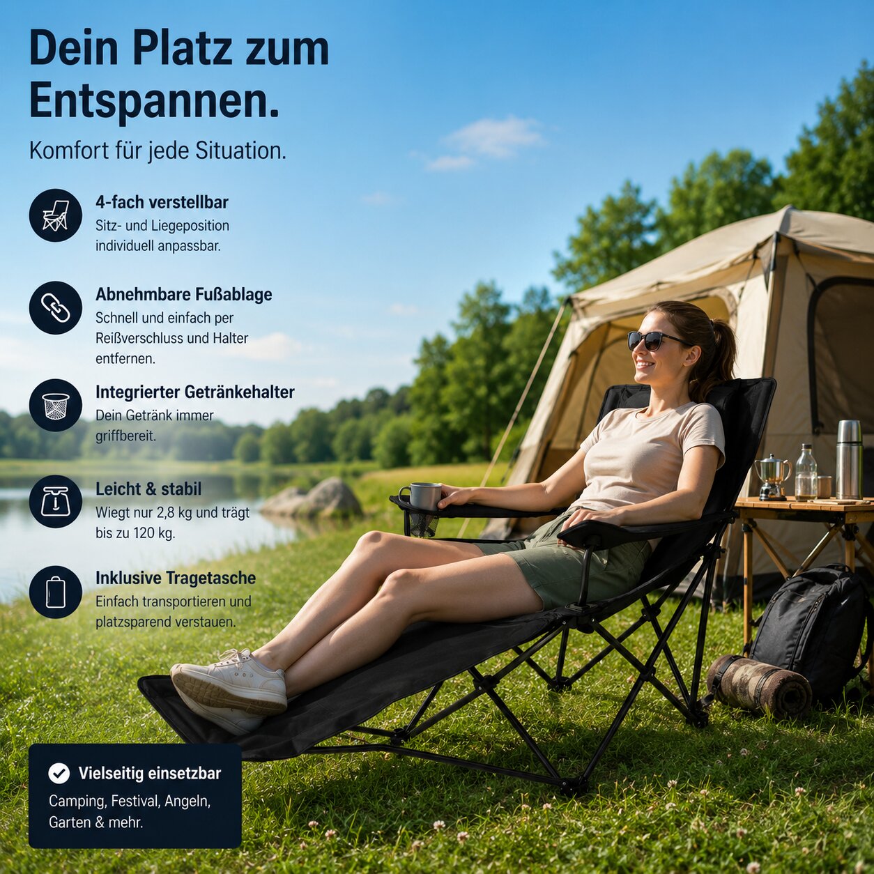 BigDean Campingstuhl faltbar mit Fußablage bis 130 kg
