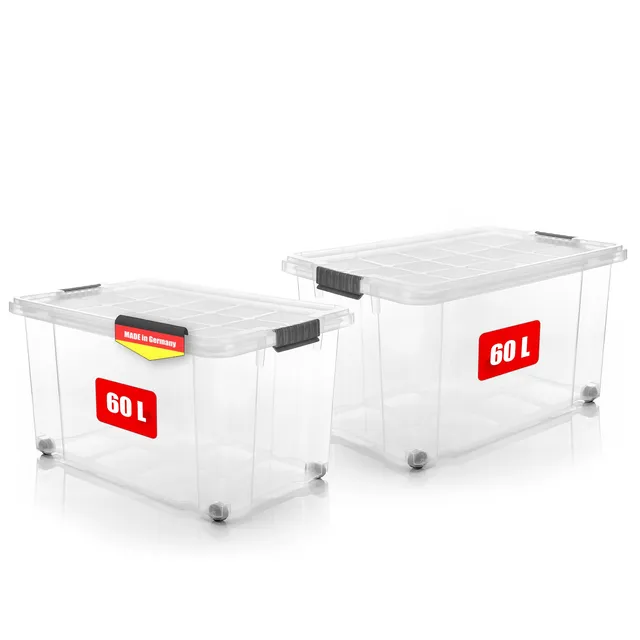 BigDean Aufbewahrungsbox 60 L transparent mit Deckel 2er Set