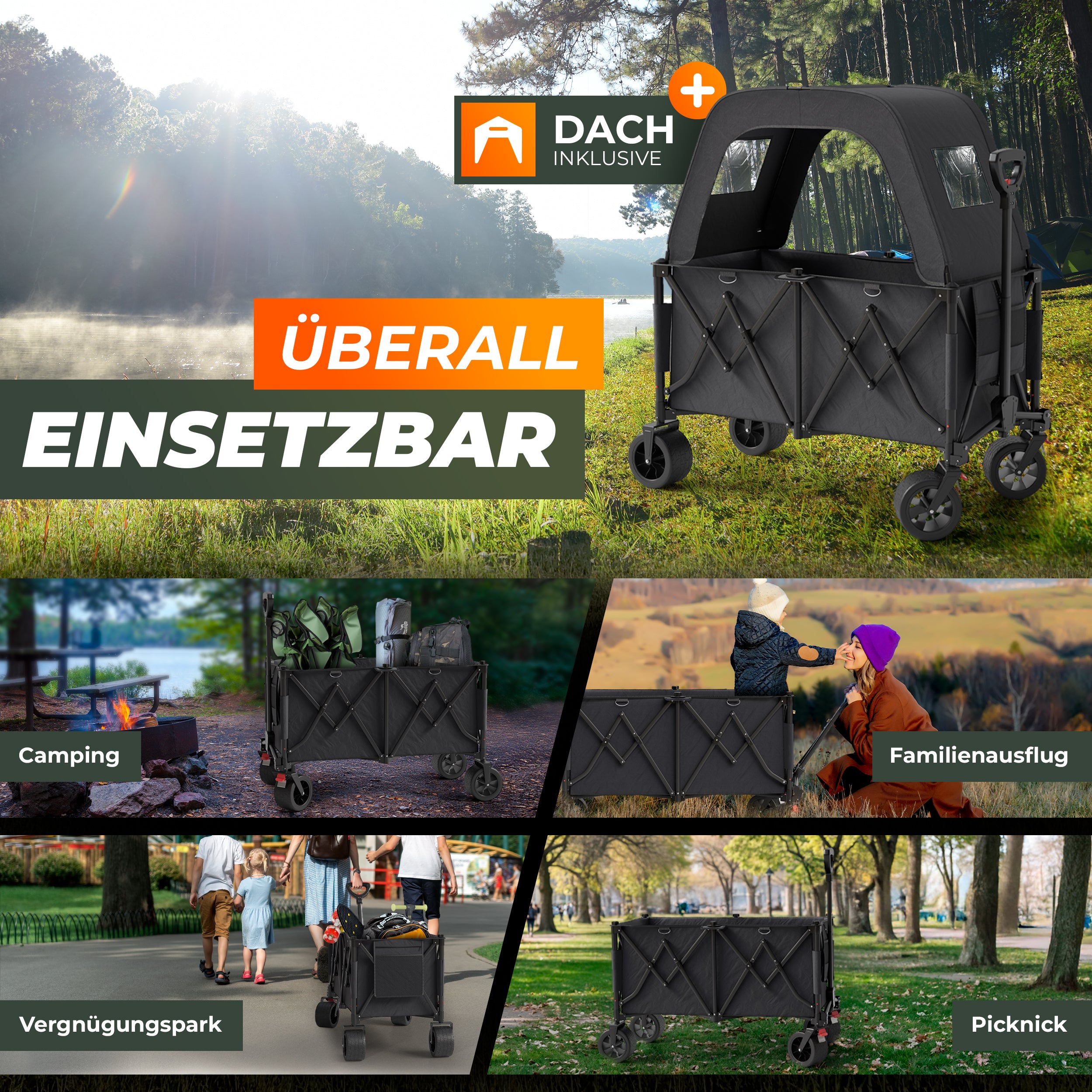 BigDean Garten Bollerwagen XXL 260L Dach faltbar 150kg