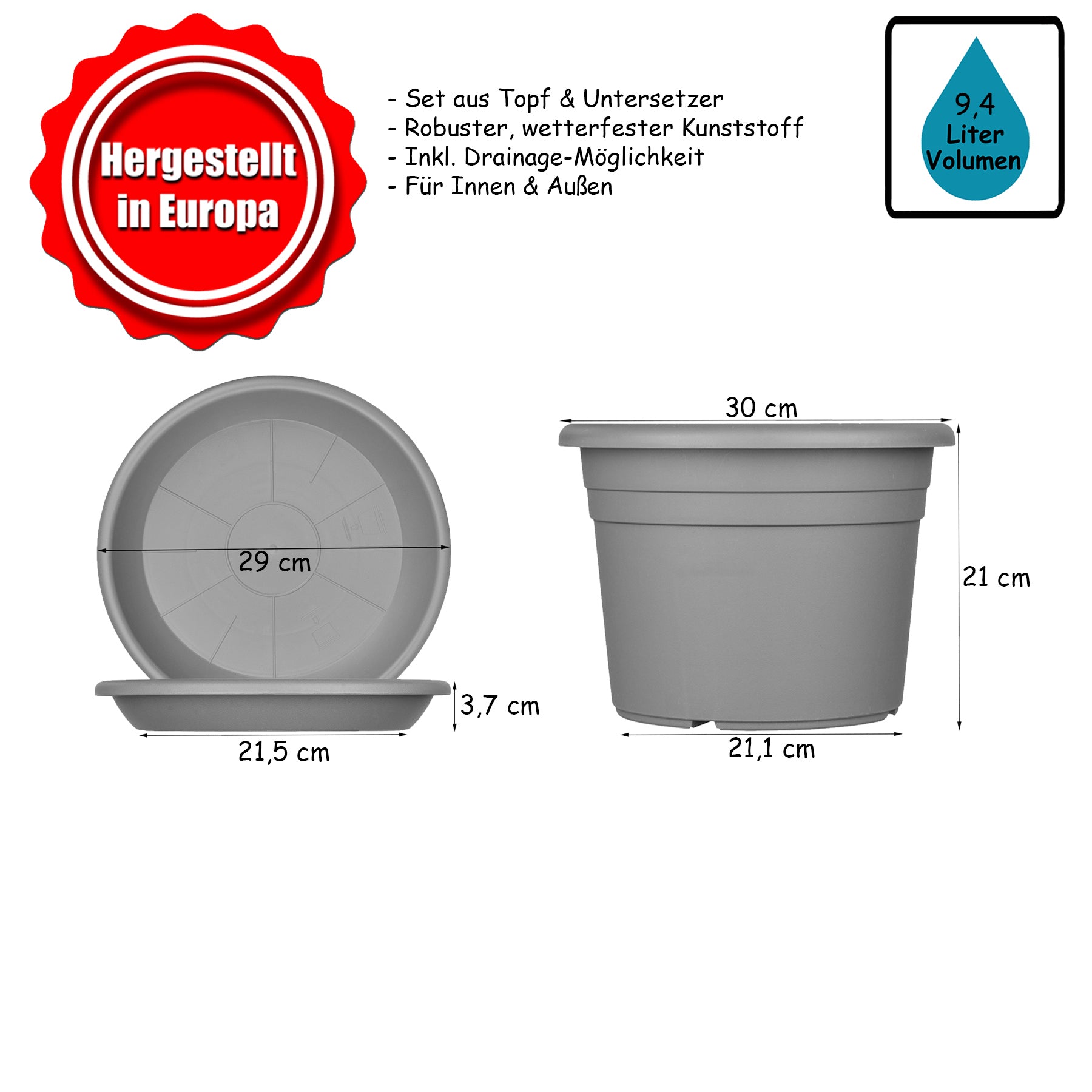 BigDean Garten 5x Blumentopf Ø30cm anthrazit Untersetzer