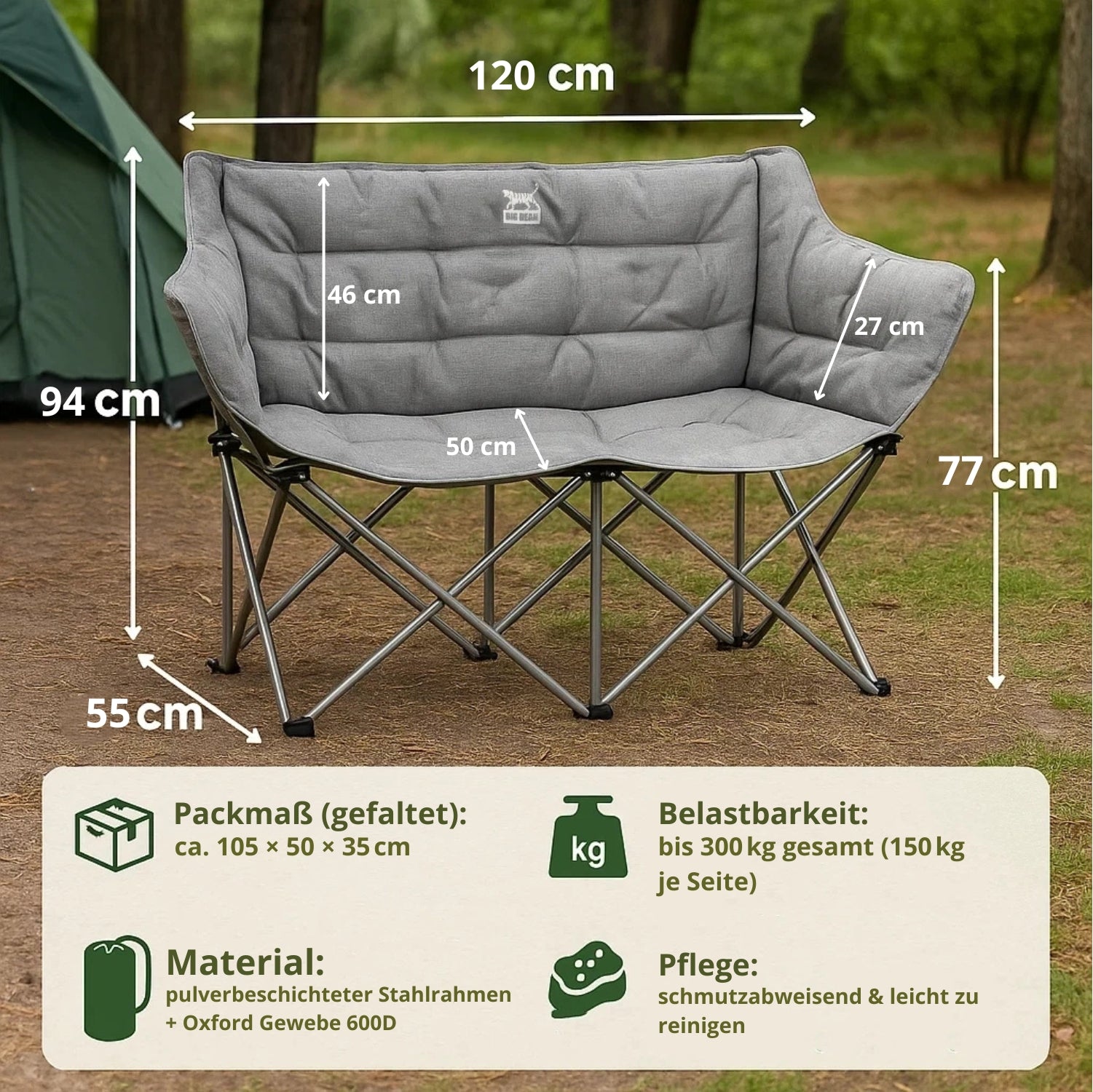BigDean Campingsofa 2 Personen faltbar 300 kg Campingstuhl