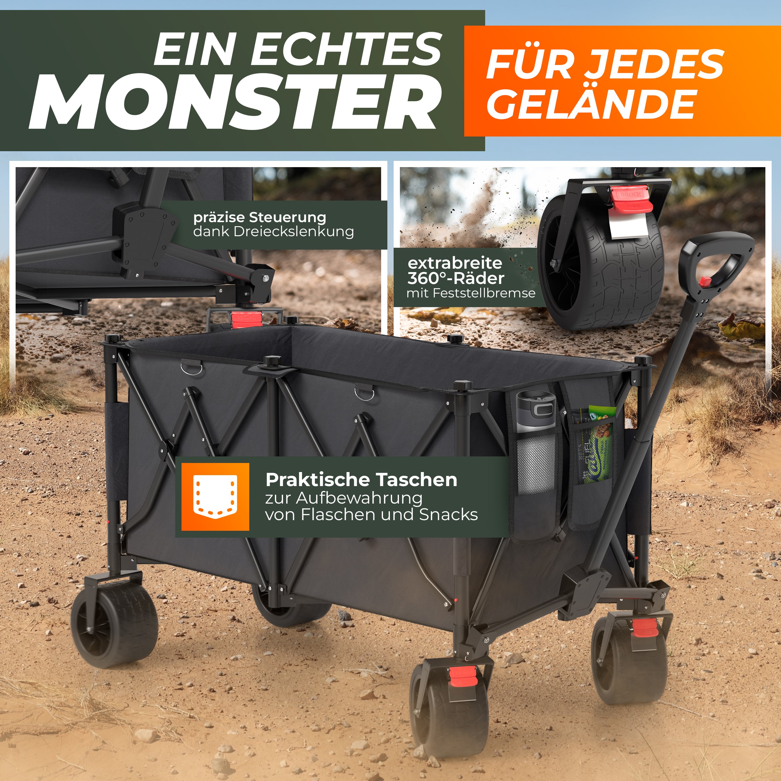 BigDean Garten Bollerwagen XXL 260L Dach faltbar 150kg