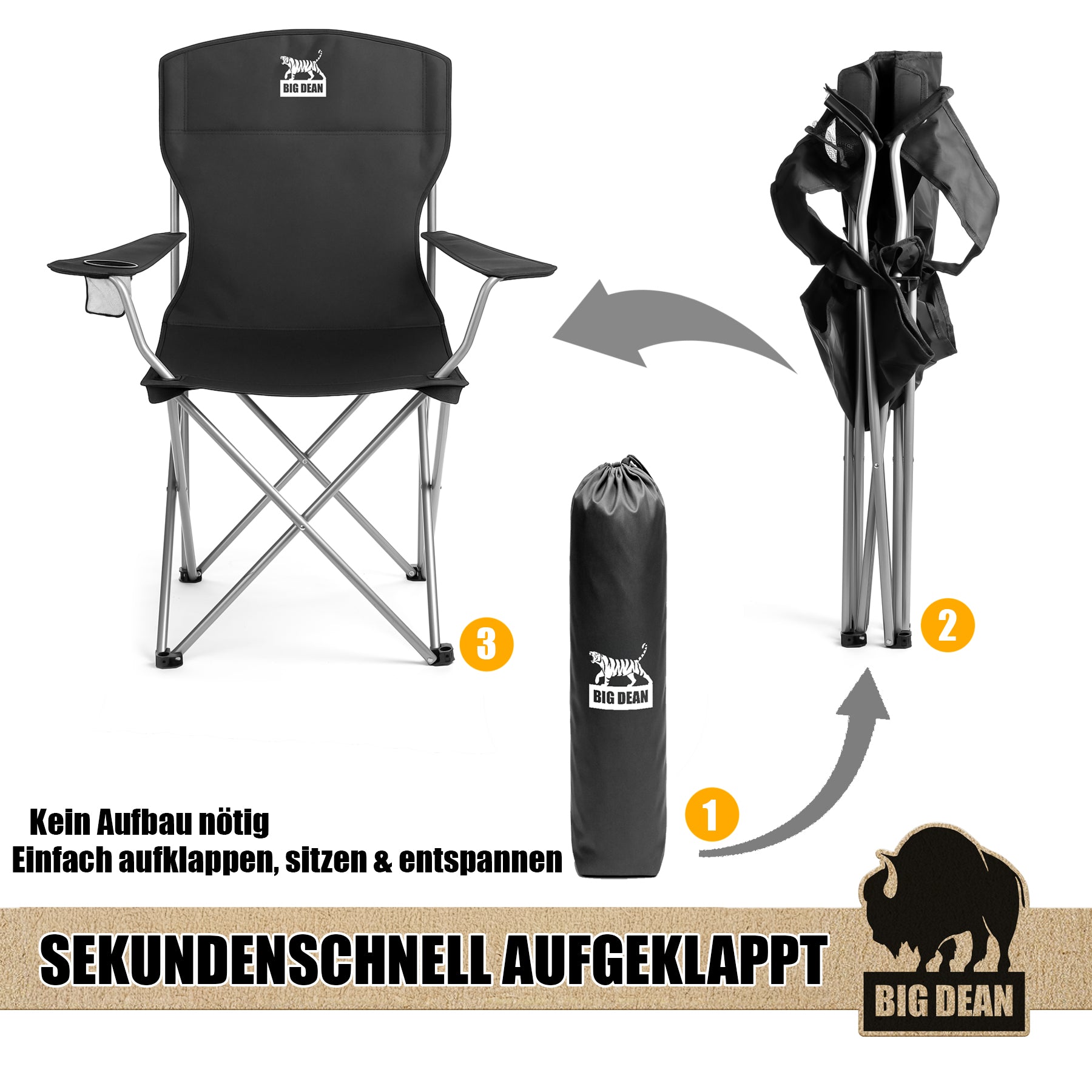 BigDean Campingstuhl hohe Lehne 2er Set 150kg faltbar