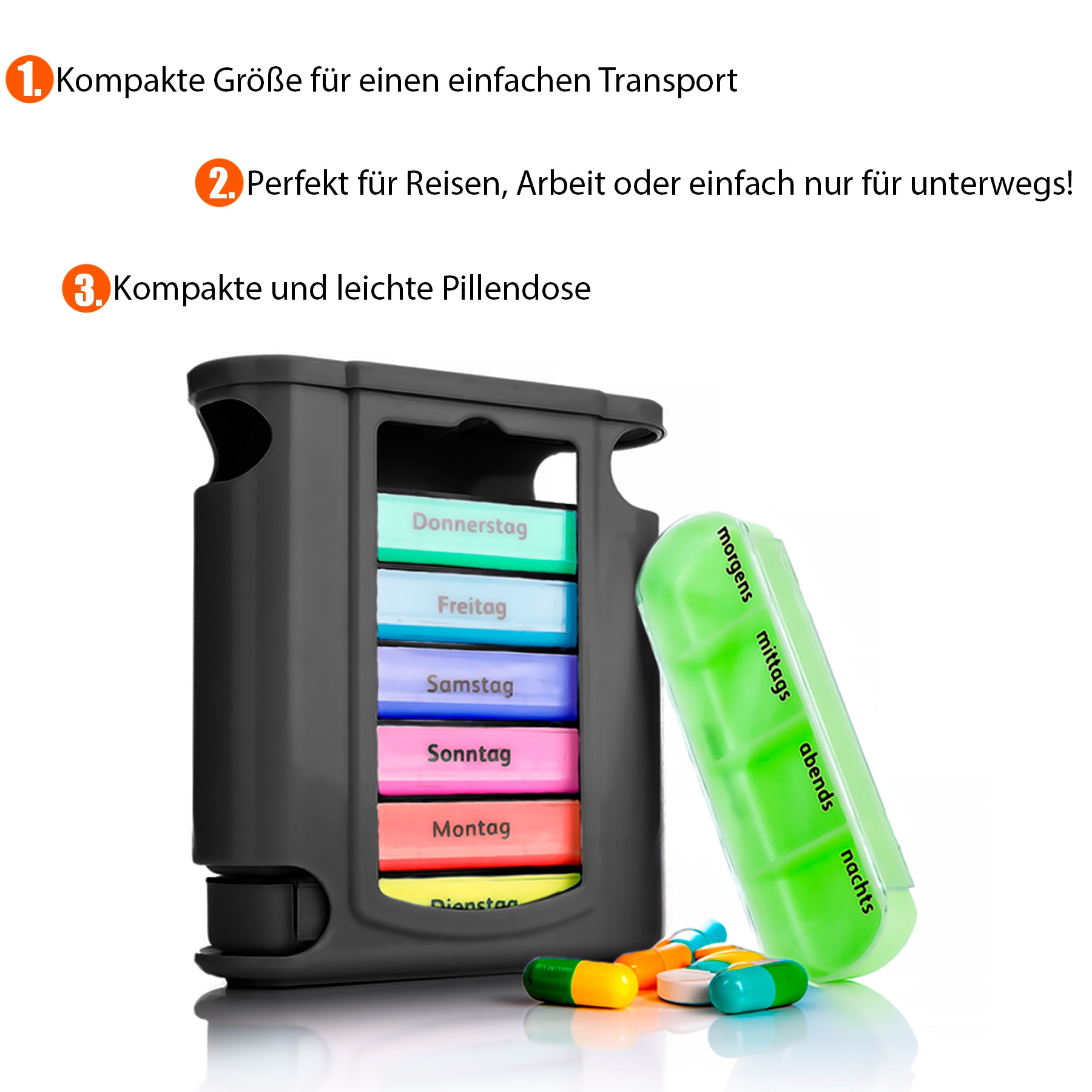 BigDean Tablettenbox 7 Tage Schwarz 3 Stück mit 4 Fächern