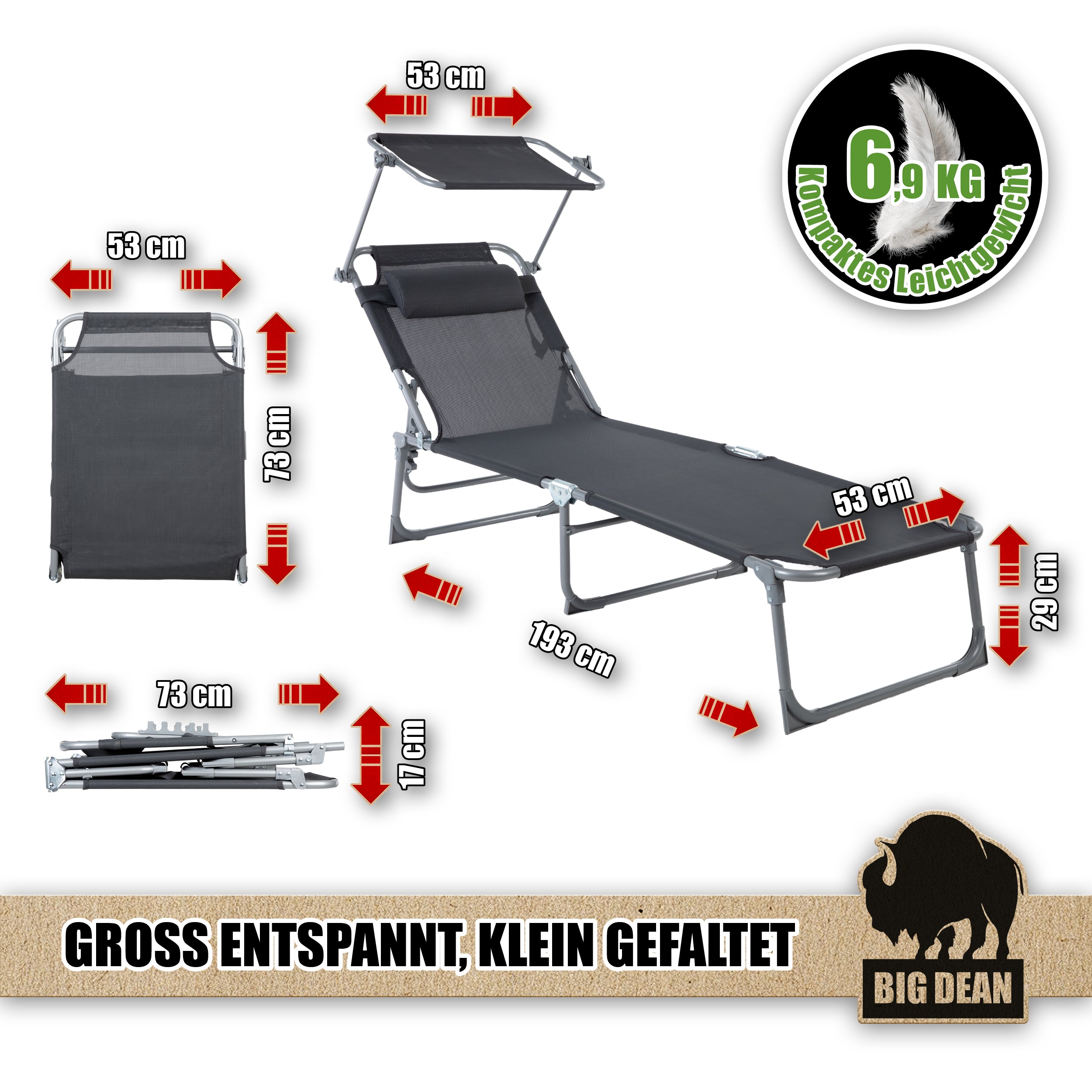 BigDean Garten Sonnenliege klappbar Dach Kissen dunkelgrau 150 kg