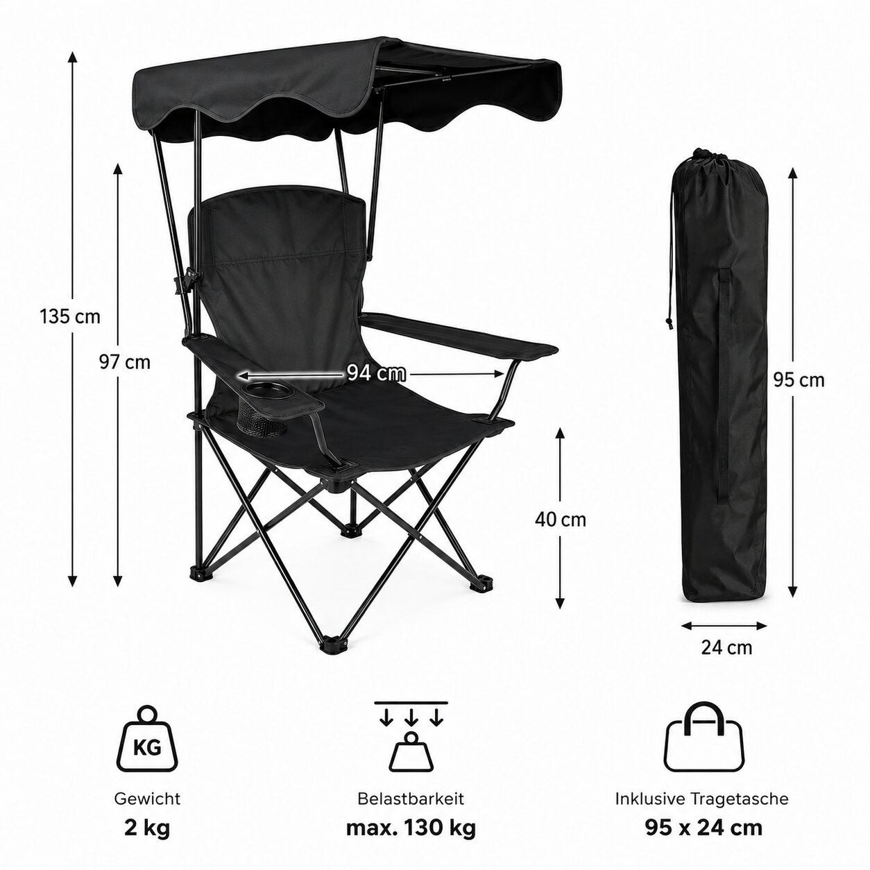 BigDean Garten Campingstuhl Sonnenschutz Schwarz mit Dach 2-in-1