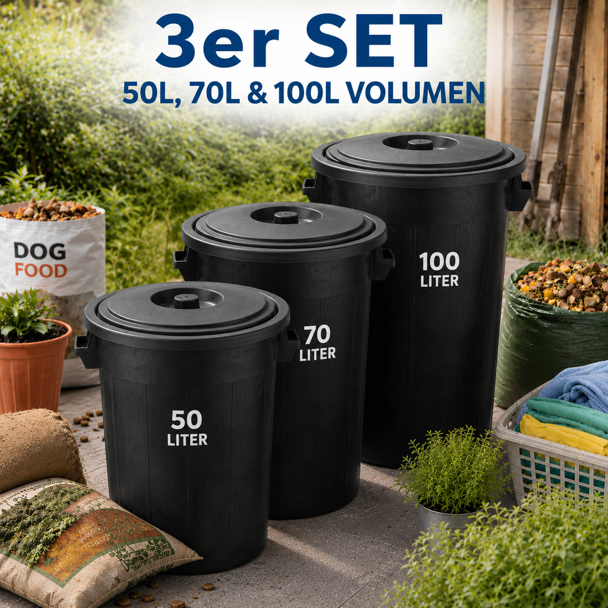 BigDean Haushalt Universaltonne 100+70+50L Set schwarz Deckel