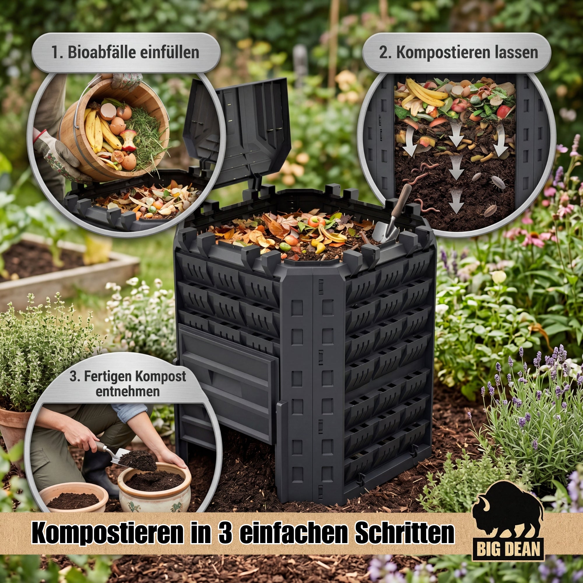 BigDean Komposter 310 Liter Garten mit Deckel Schwarz