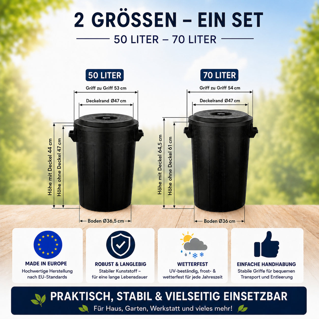 BigDean Universaltonne 70+50 Liter Set Tonne Schwarz mit Deckel
