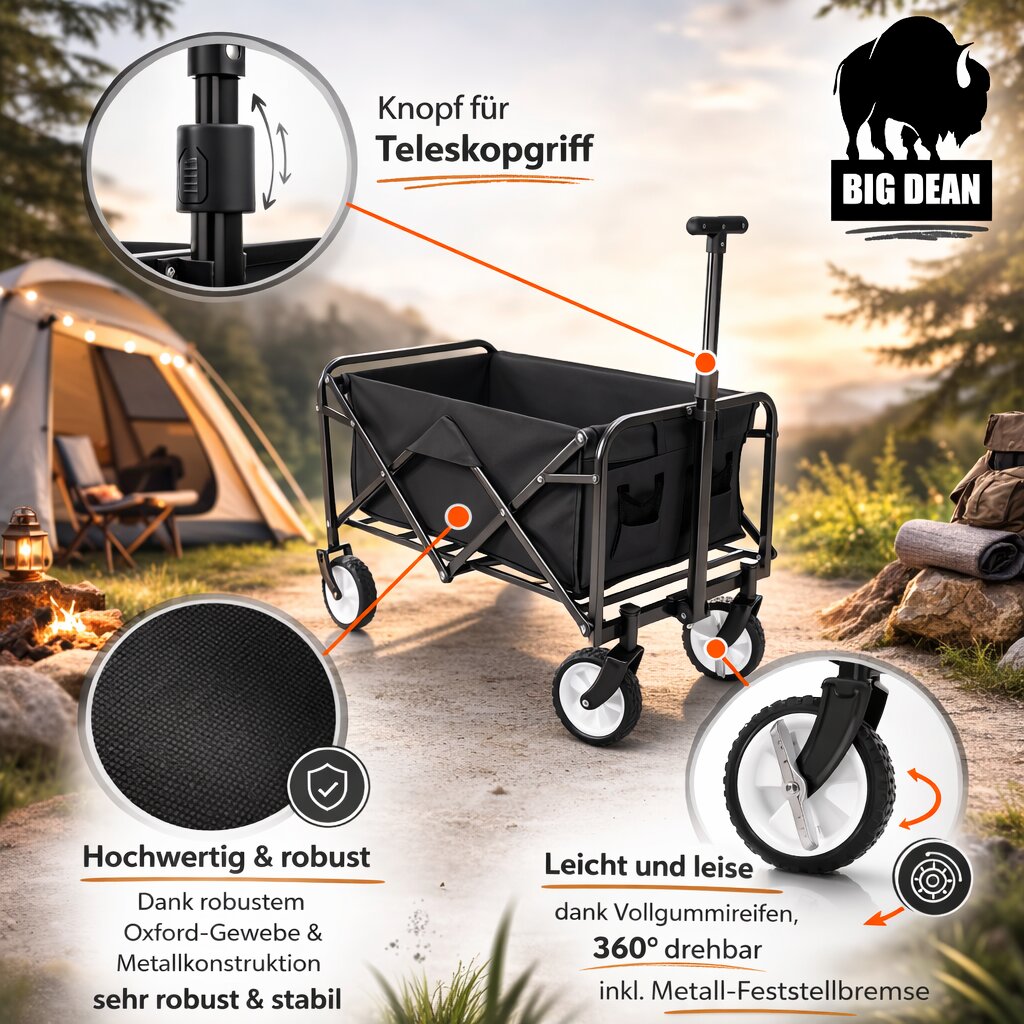 BigDean Garten & Außenbereich Bollerwagen faltbar 80kg schwarz