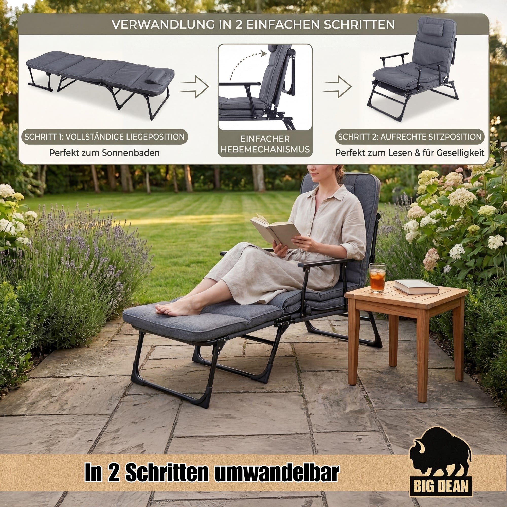 BigDean Garten & Außenbereich Klappstuhl Liege 2in1 gepolstert 120kg